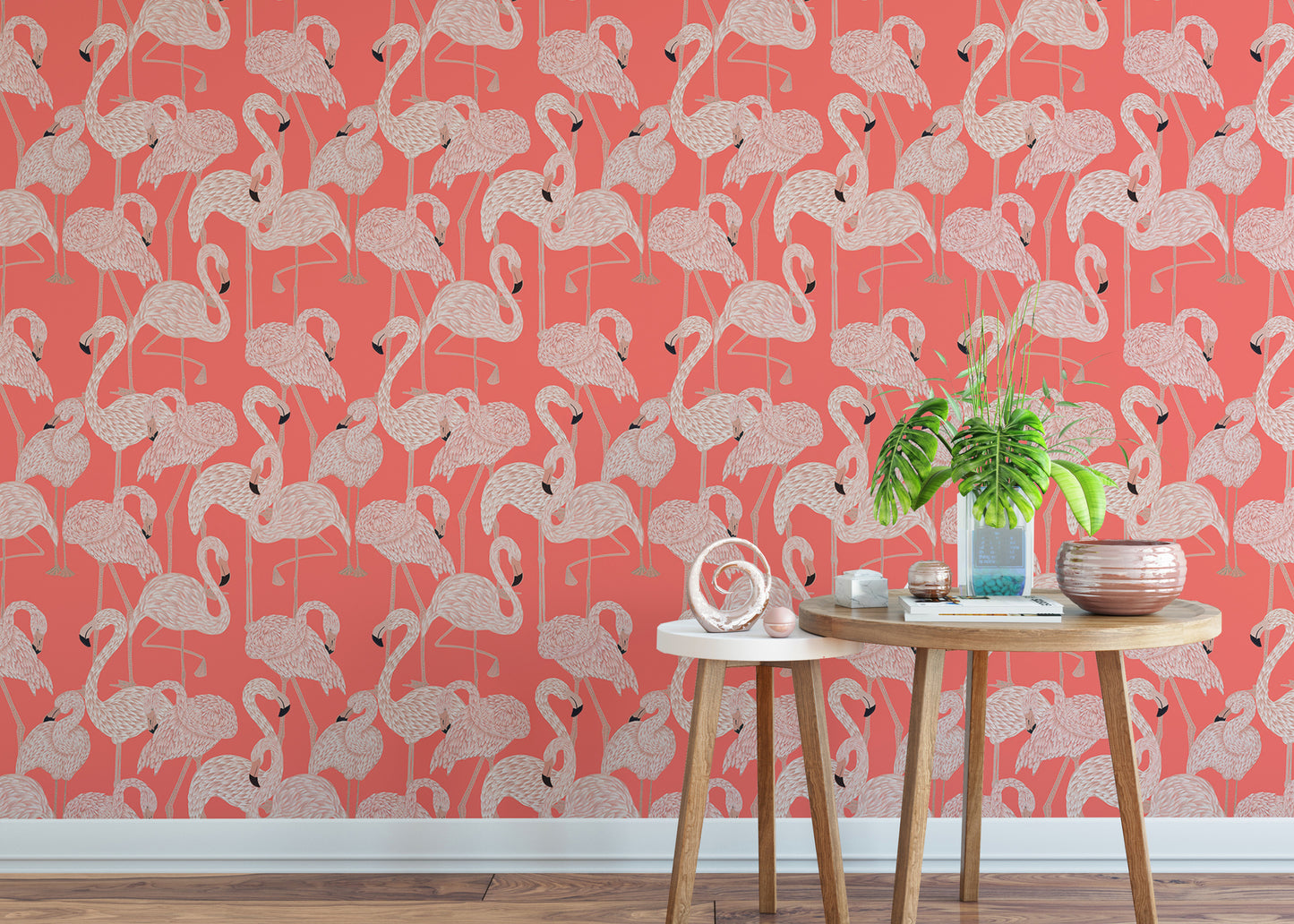 Lush tropical wallpaper showcasing pink flamingos