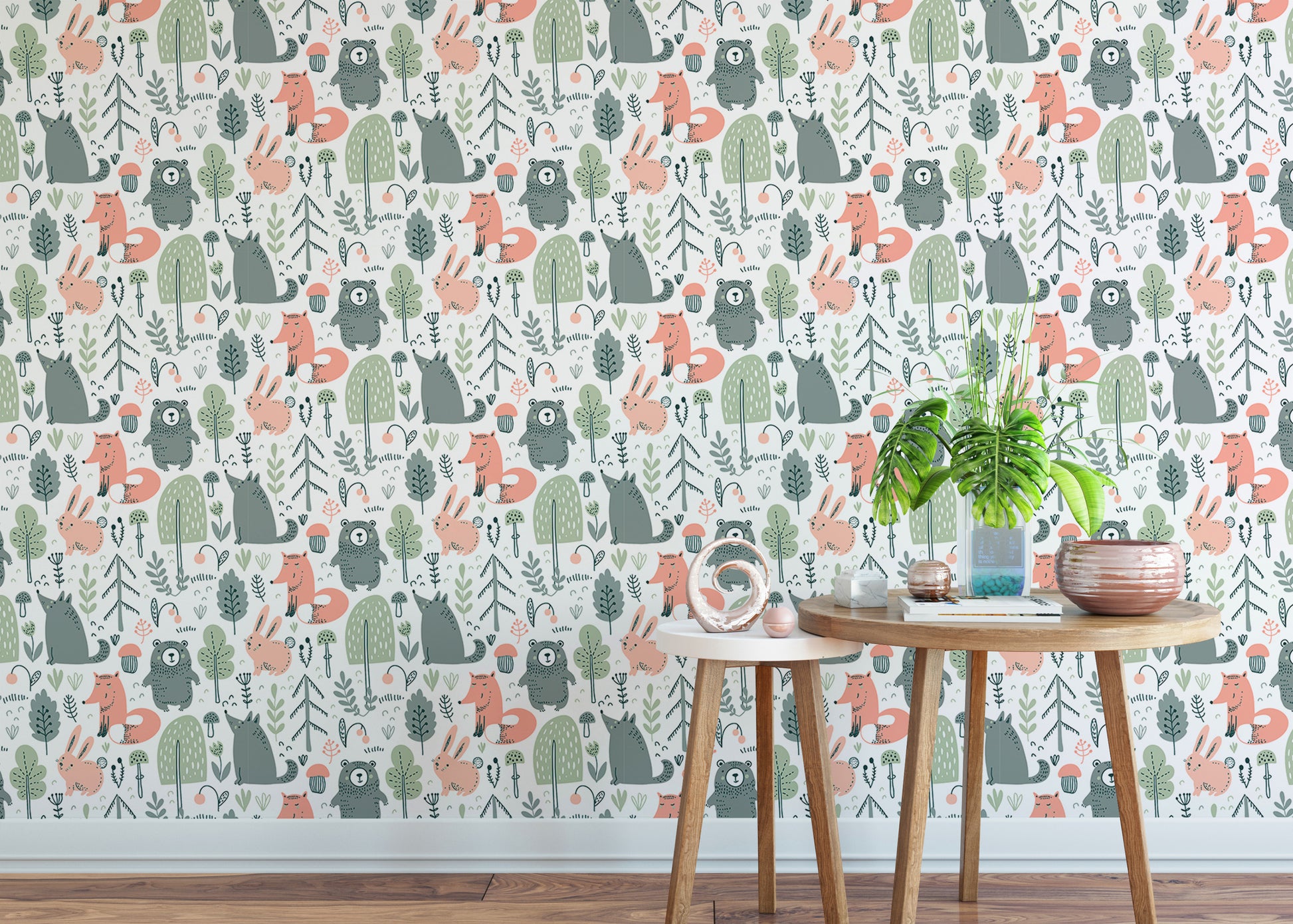 Fun kids' wallpaper with playful forest animal designs