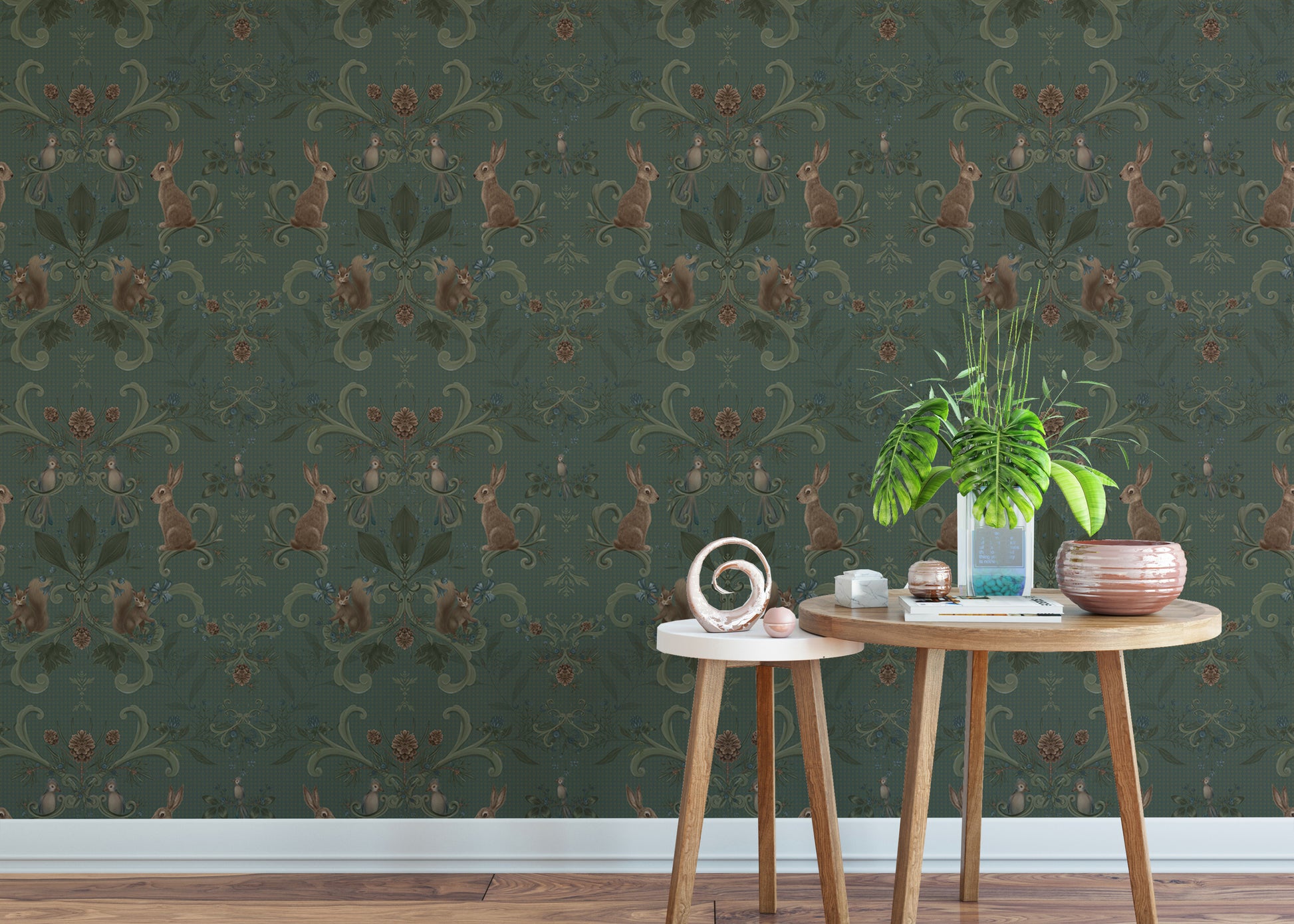 Elegant forest-themed wallpaper with a Victorian aesthetic