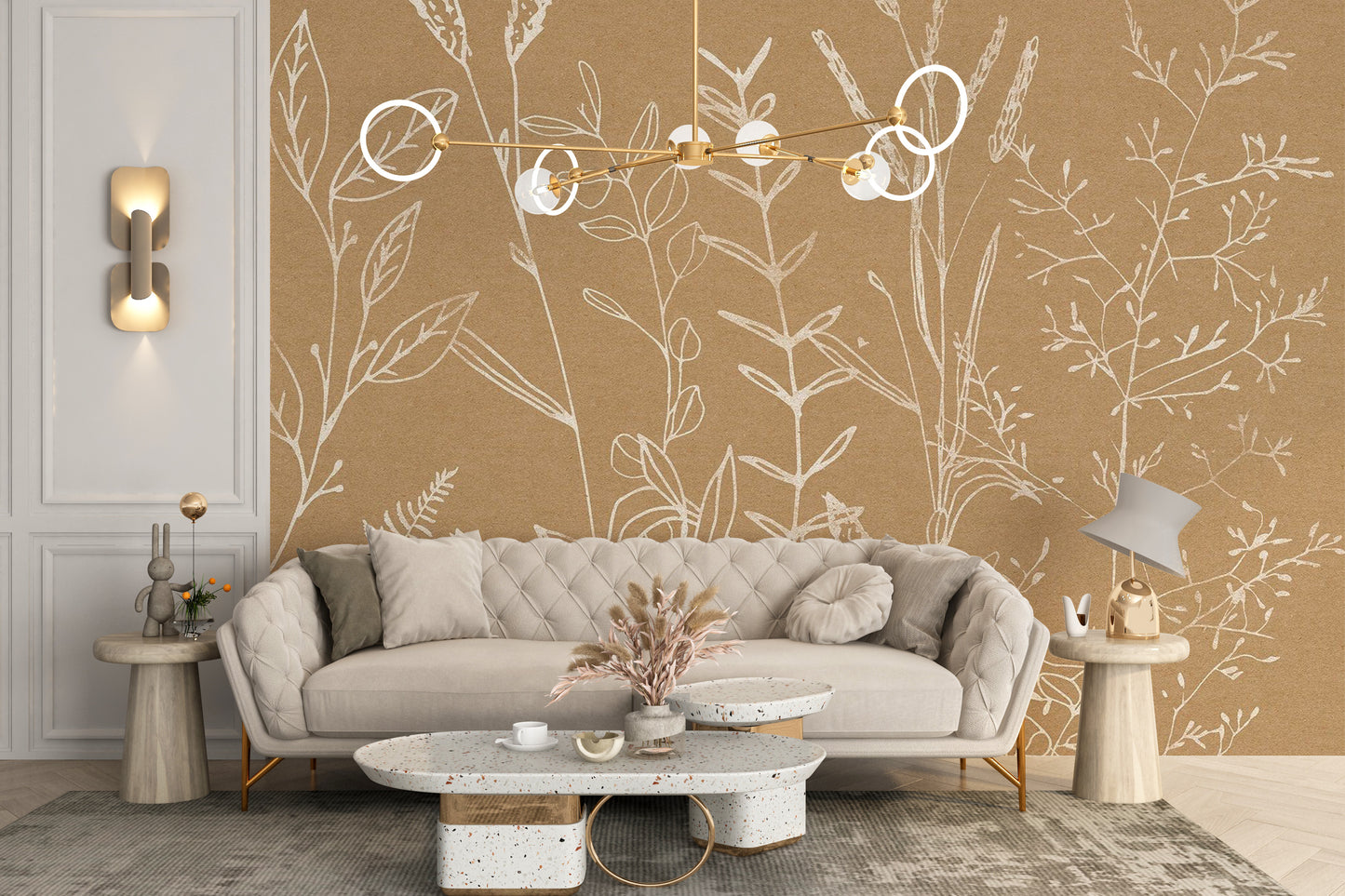 Beautiful beige botanical mural for peaceful ambiance
