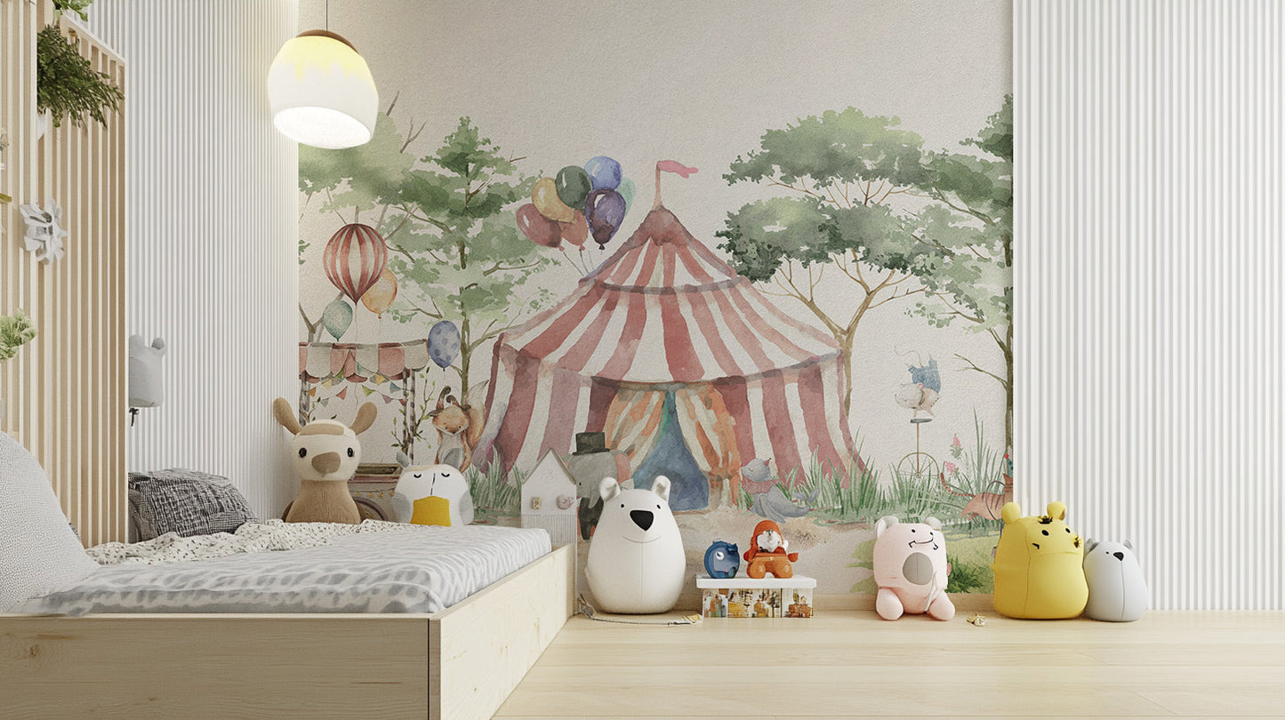 Self-adhesive circus tent mural for fun wall design