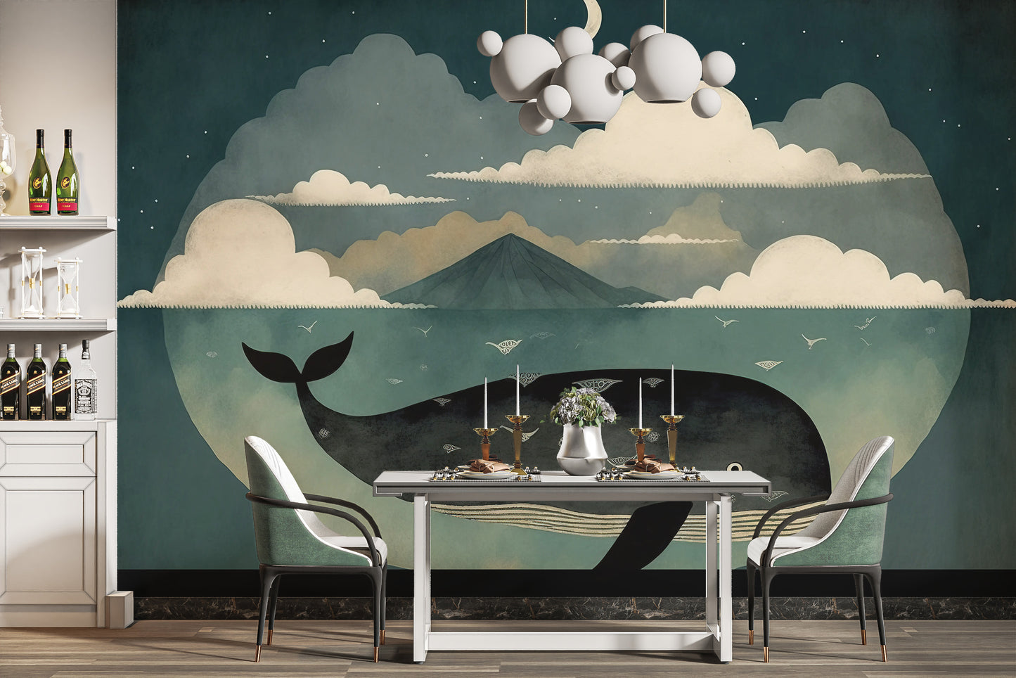 Whale under moon wallpaper mural for magical interiors