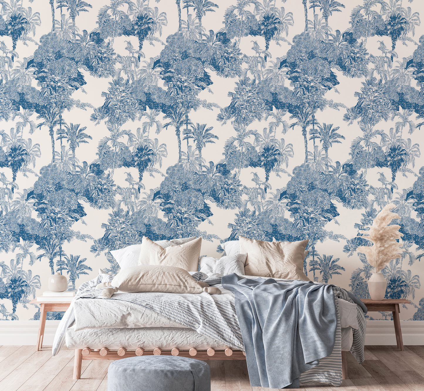 Blue and White Cobalt Tropical Palm Mountain Wallpaper