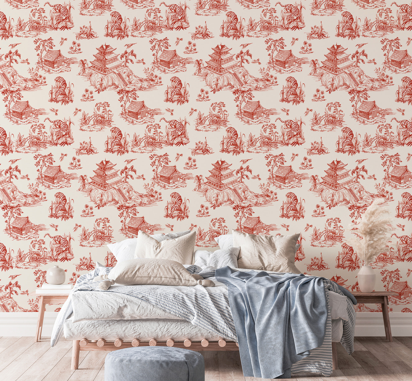 Red Color Seamless Pattern Chinoiserie Style Wallpaper