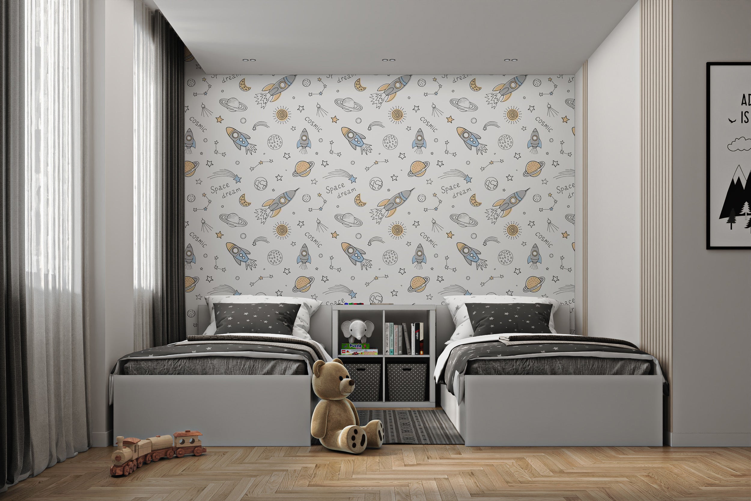 Kids' room space wallpaper with sun, moon, and stars