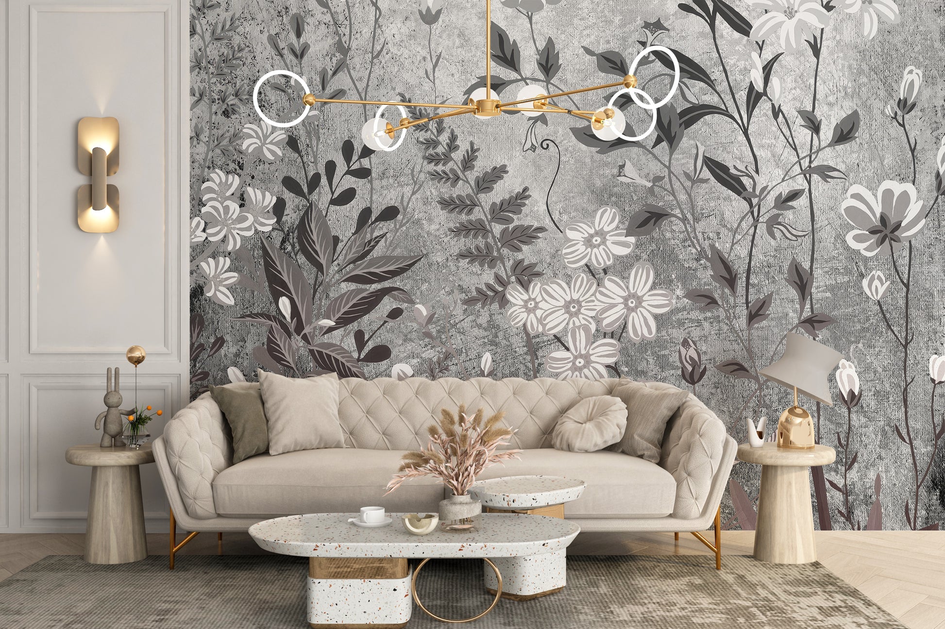 Elegant botanical flower mural for serene wall decor
