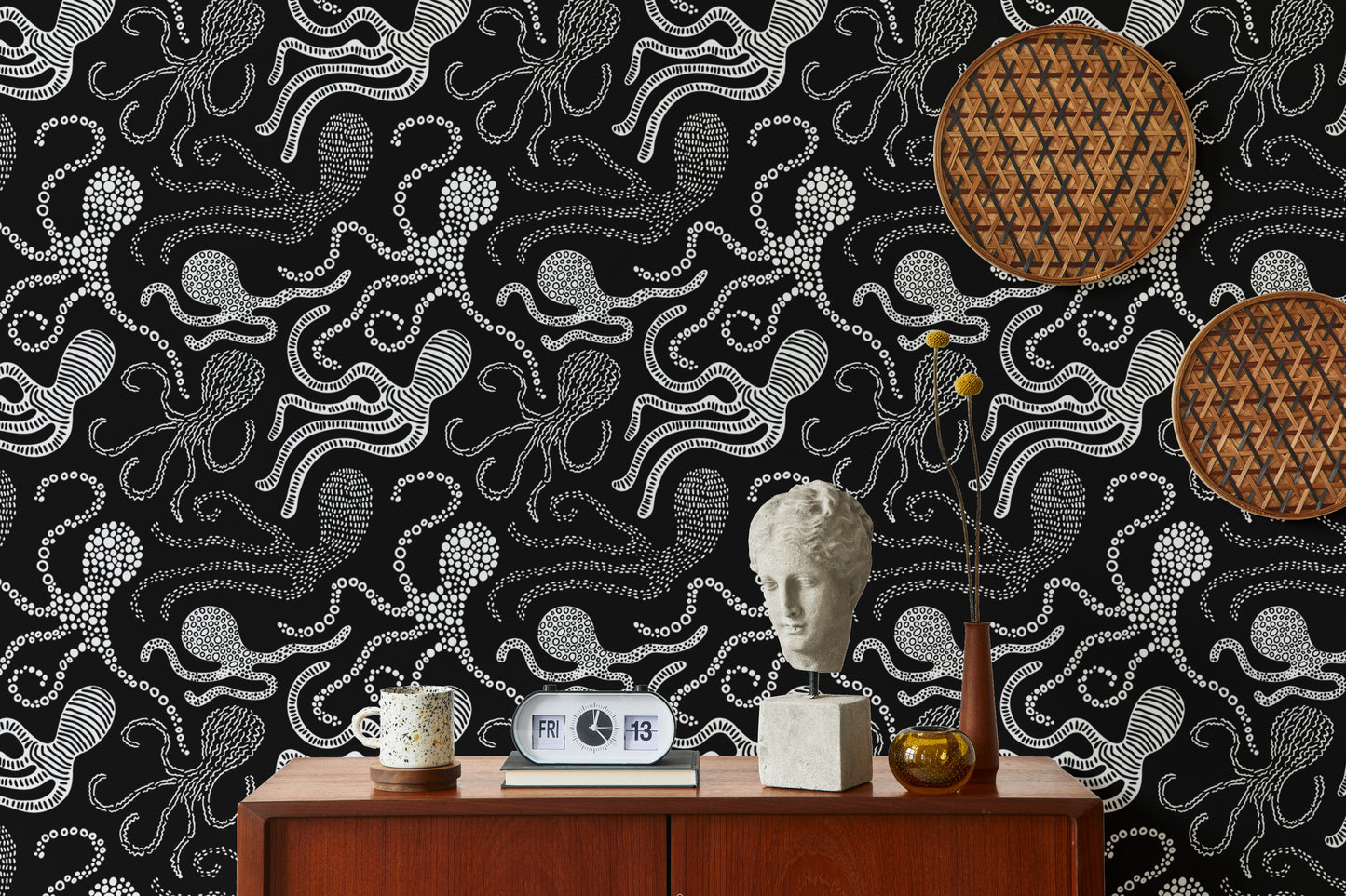 Minimalist black and white octopus-themed wall decor