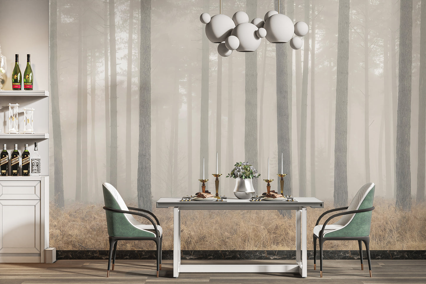 Elegant misty forest mural for stylish and modern decor