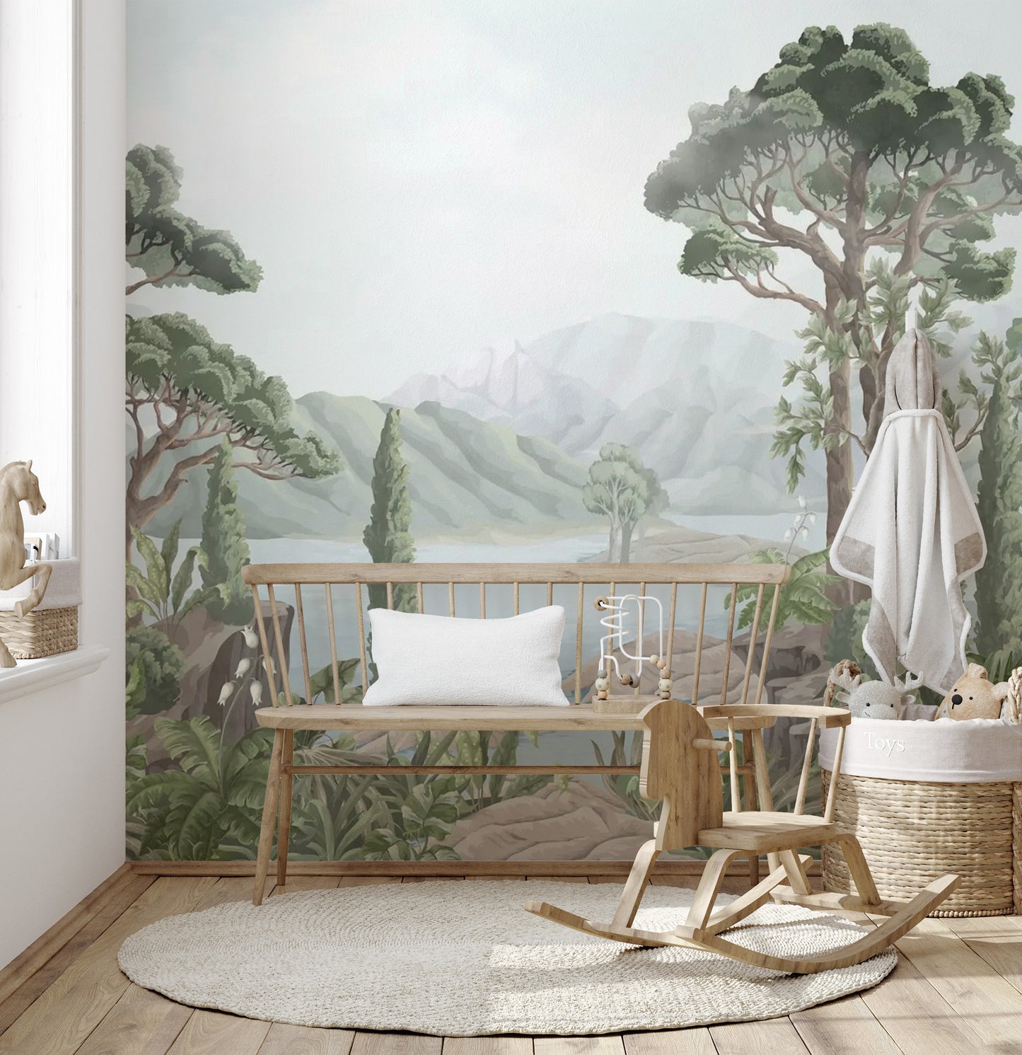 Peaceful jungle mural with lush greenery and landscapes
