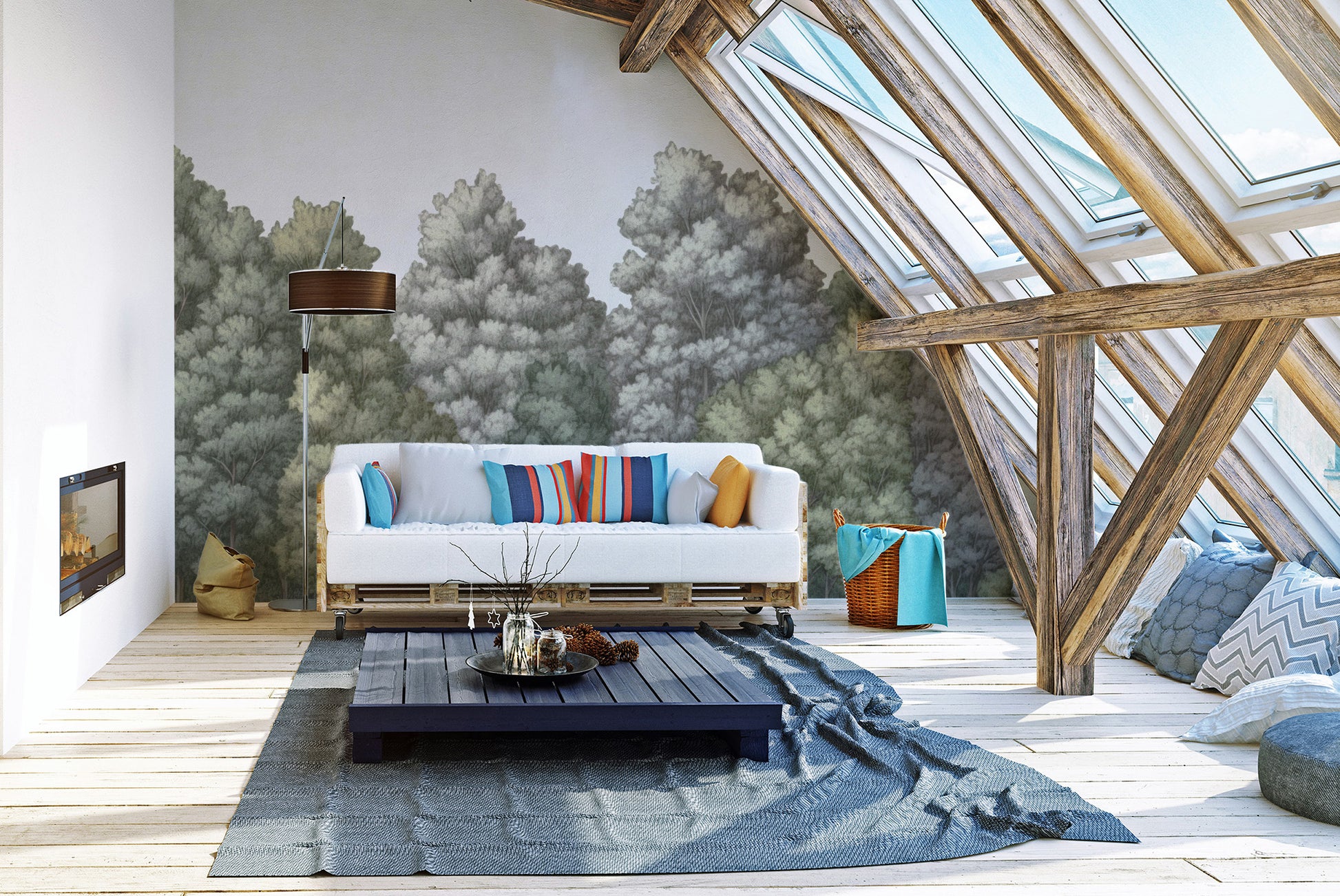 Dreamy forest canopy wall mural for restful spaces
