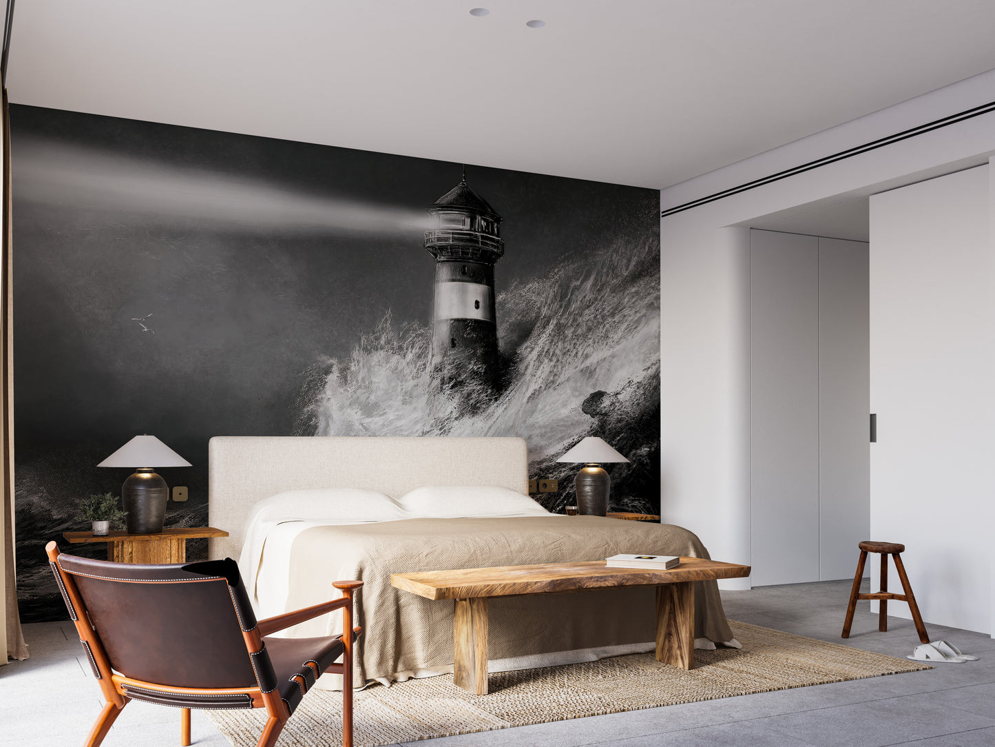 Nighttime lighthouse mural for modern walls
