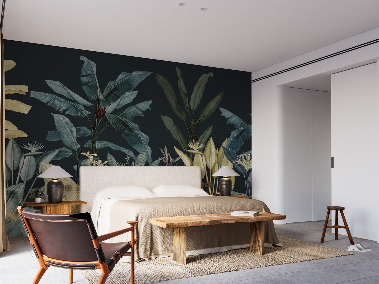 Lush dark jungle wallcovering for interiors
