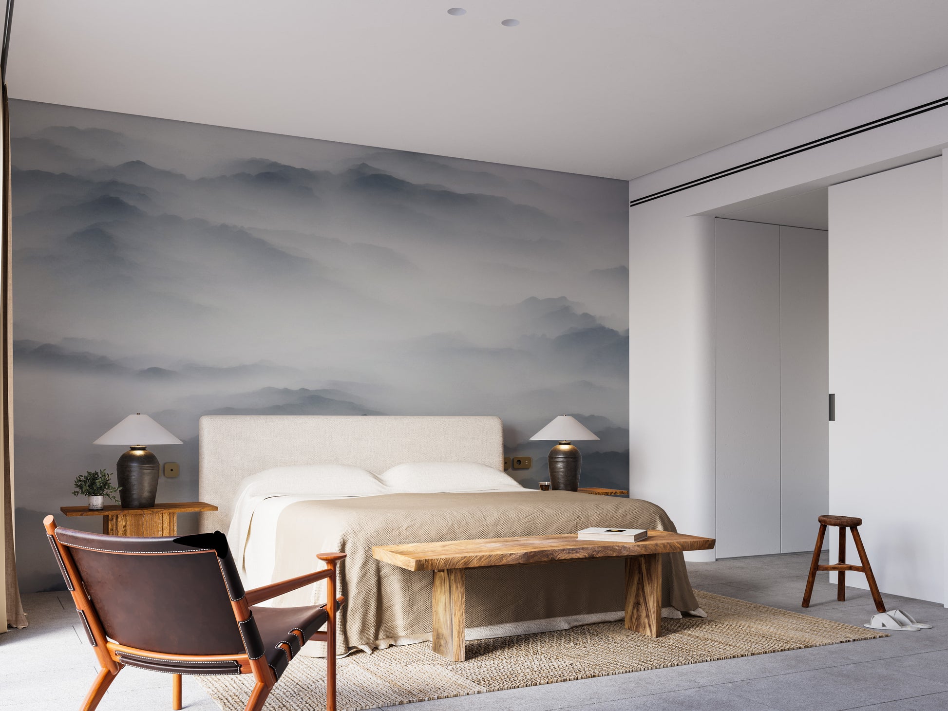 Foggy mountain wall mural for calm decor
