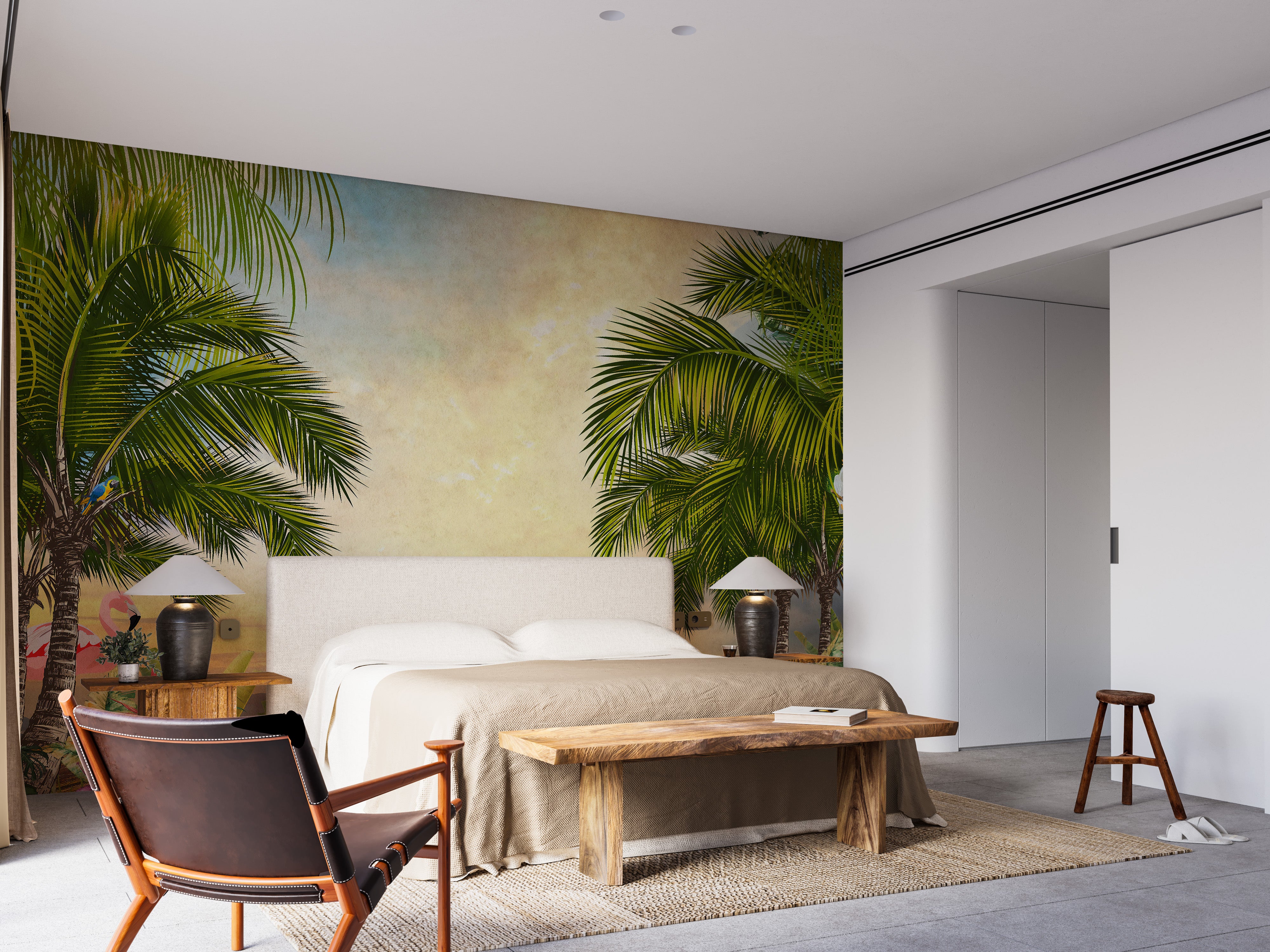 Green forest and sunset wallpaper mural.
