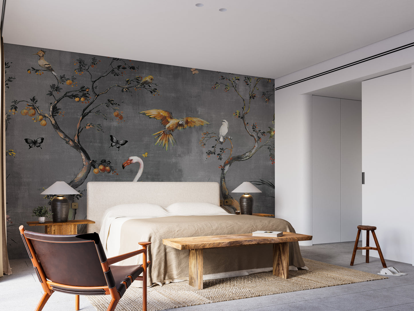 Artistic birds and trees wall mural design.
