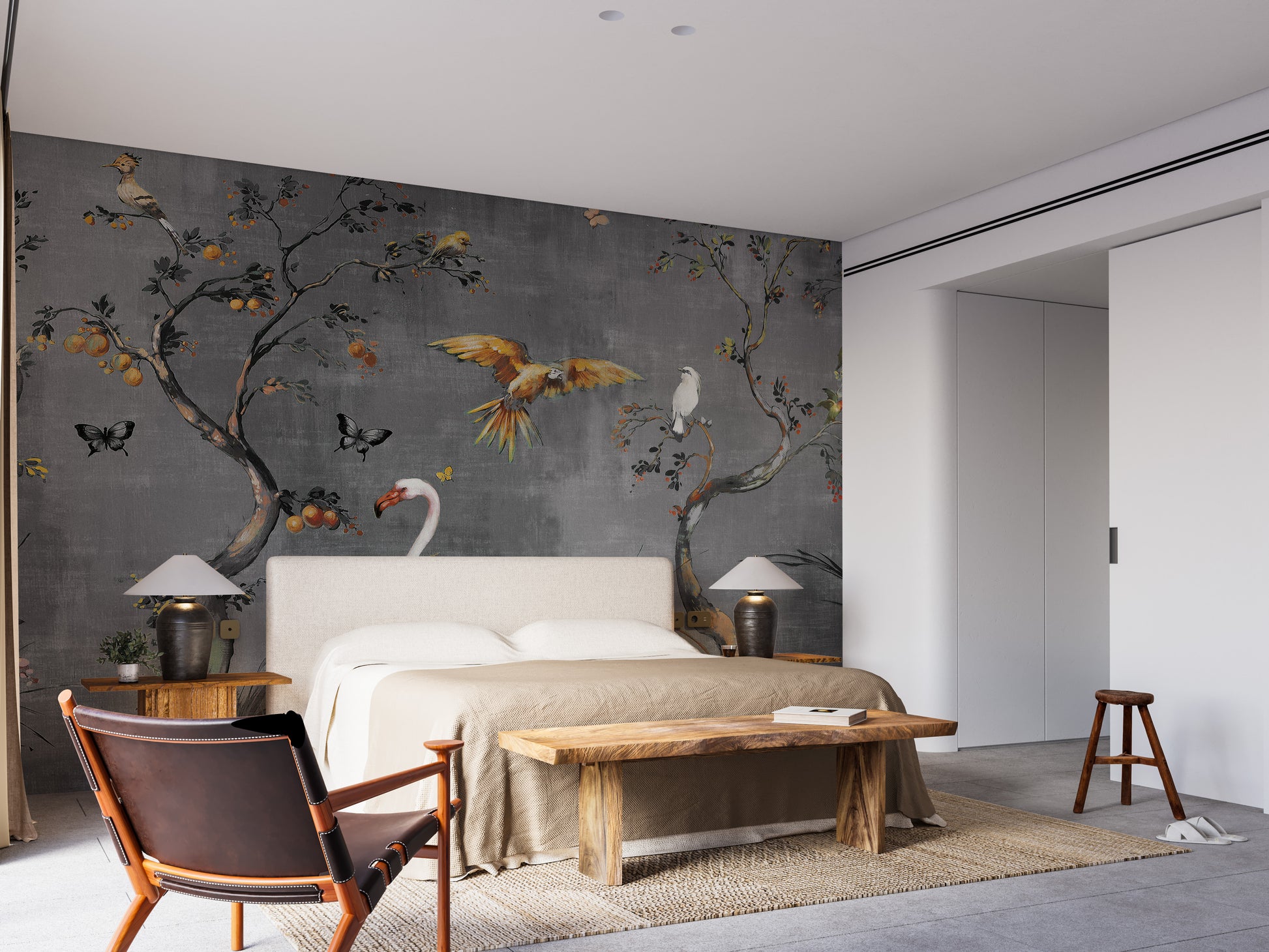 Artistic birds and trees wall mural design.
