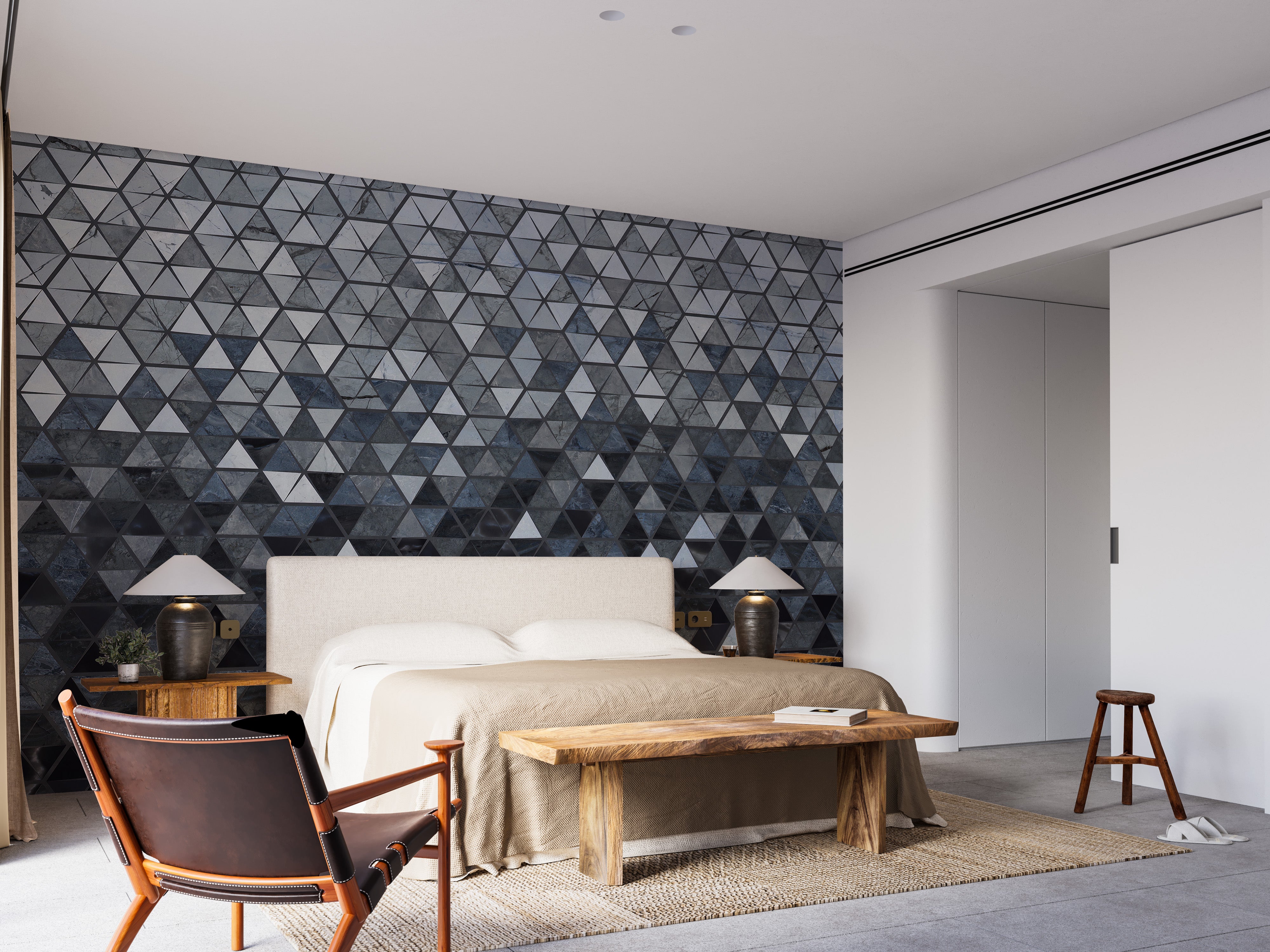 Geometric blue triangle accent wall mural.
