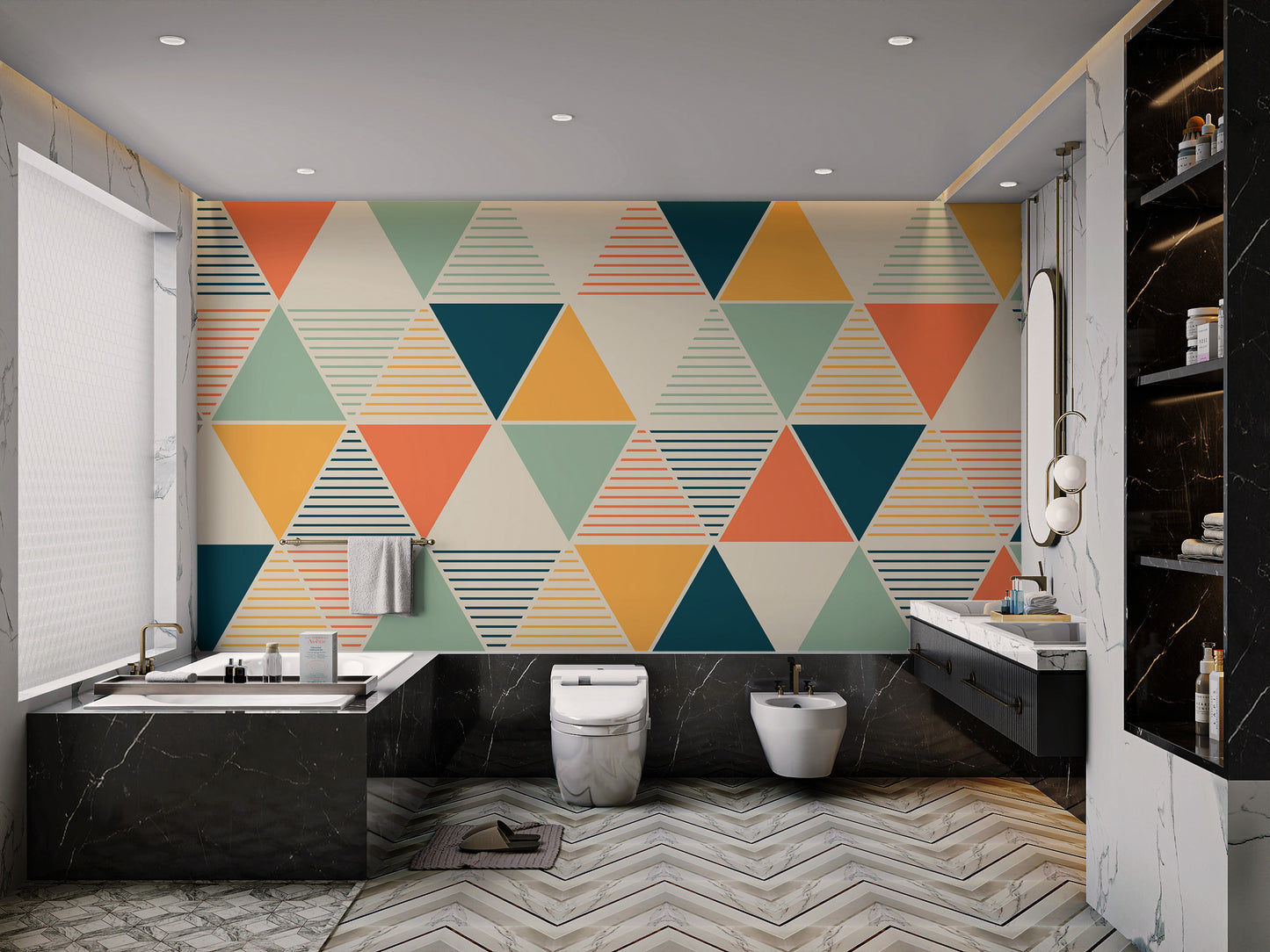 Contemporary geometric wall covering with vibrant colors
