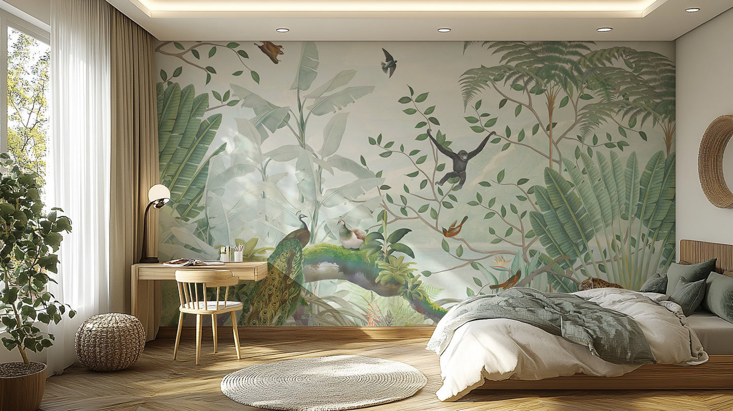 Tropical nursery wallpaper with soft and soothing jungle vibes
