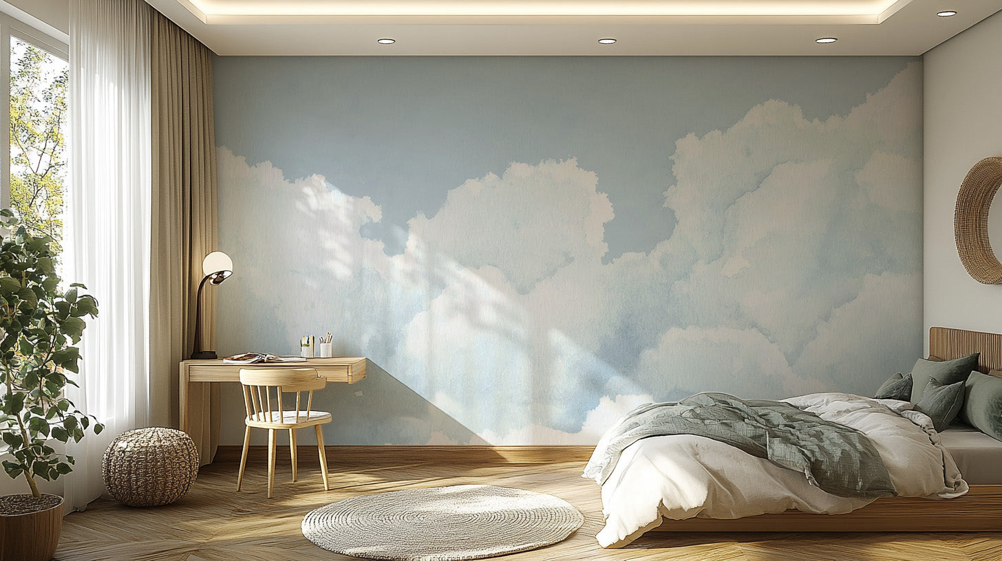 Minimalist light blue cloudy sky wallpaper for calm interiors
