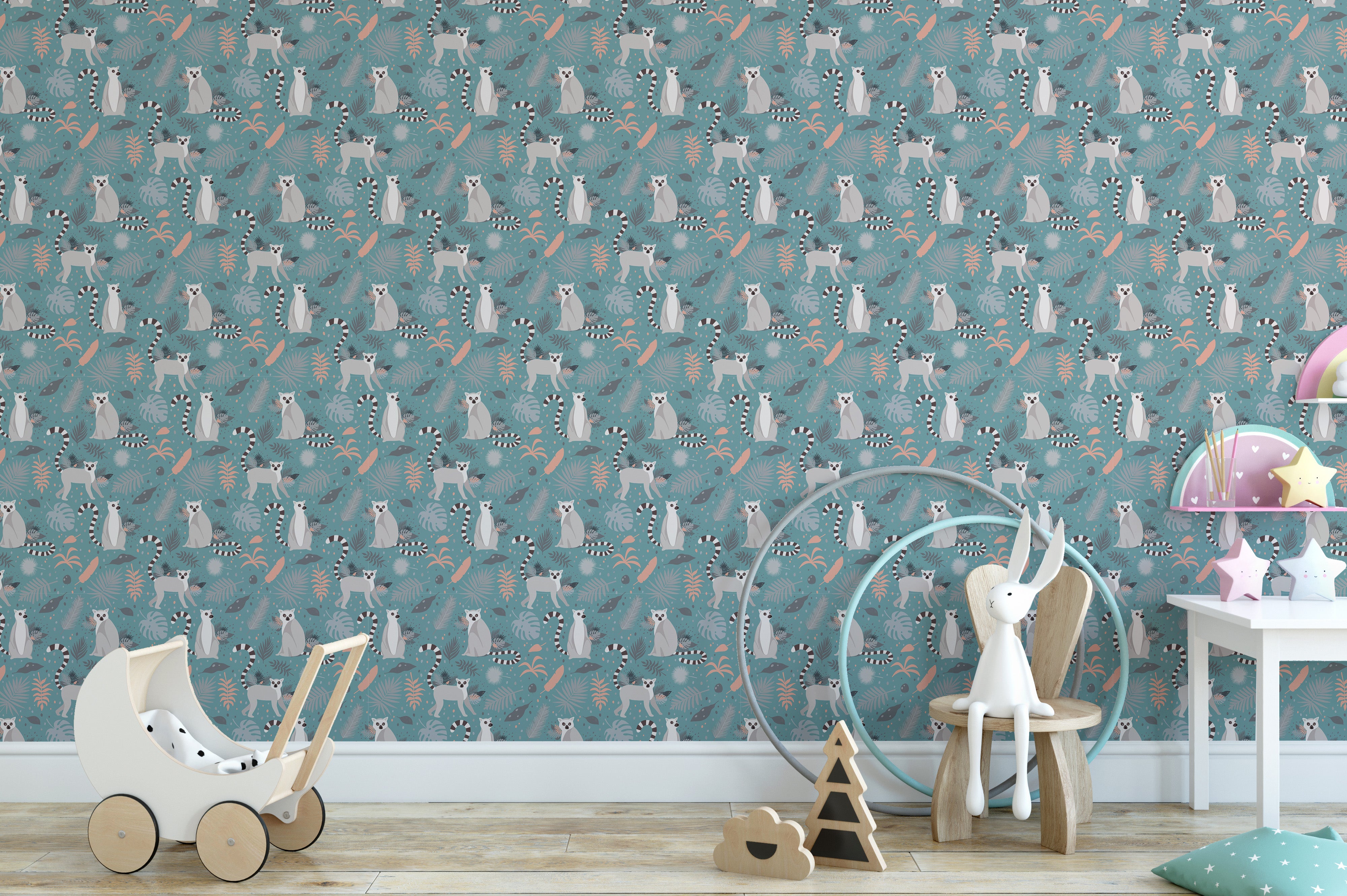 Lemur-themed wallpaper in tropical patterns
