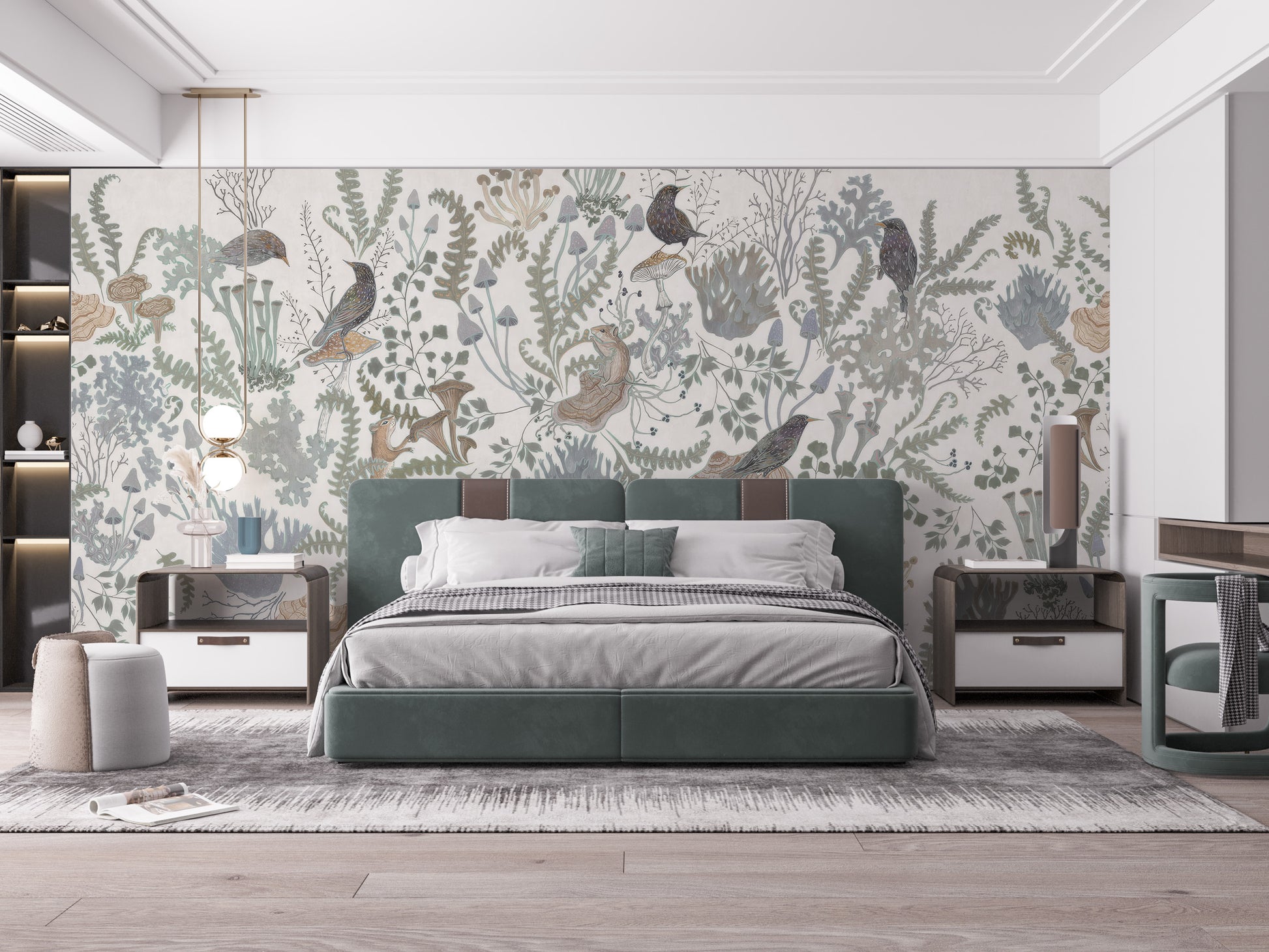 Decorative birds and leaves mural for peaceful ambiance