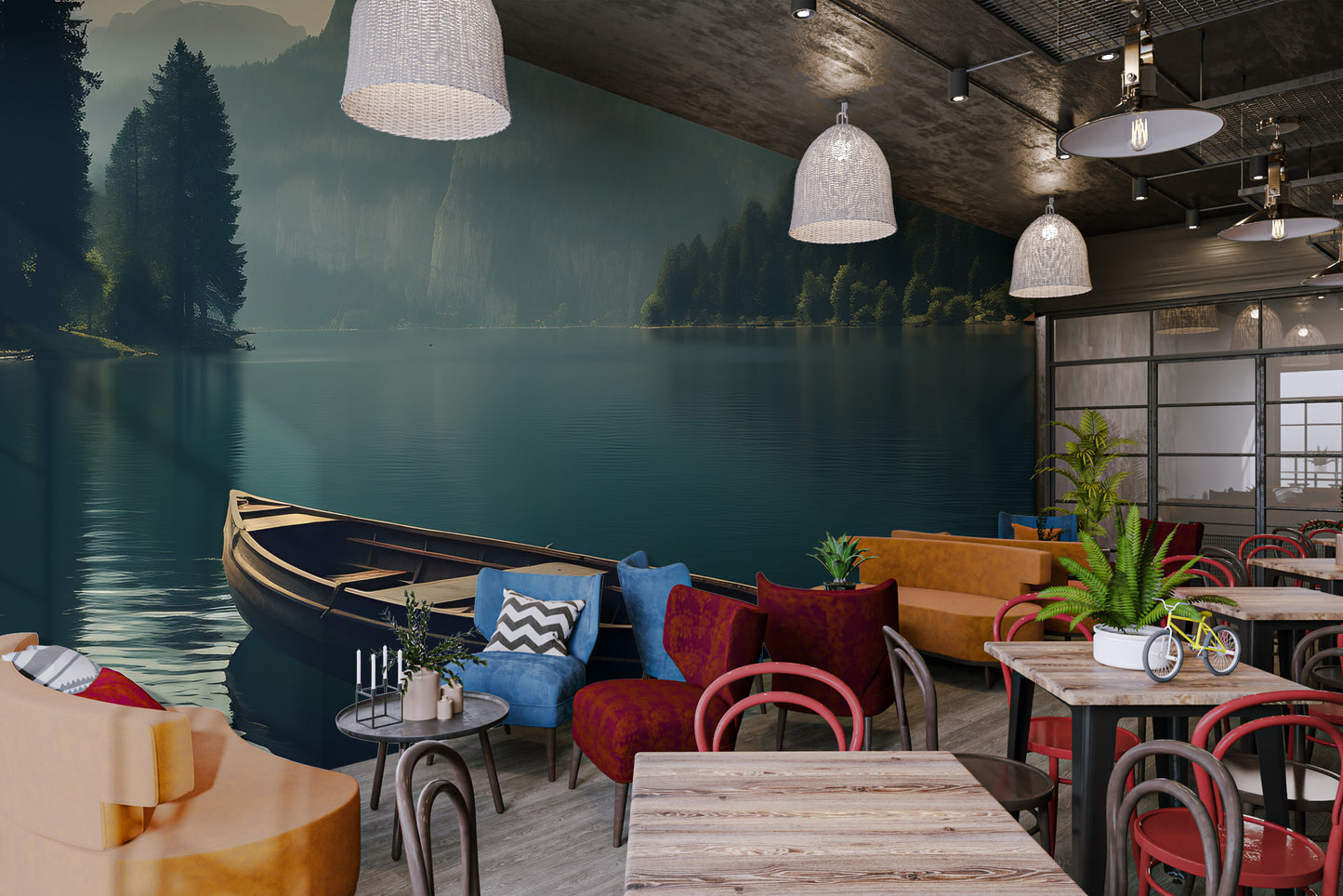 Forest lake with boat wall covering
