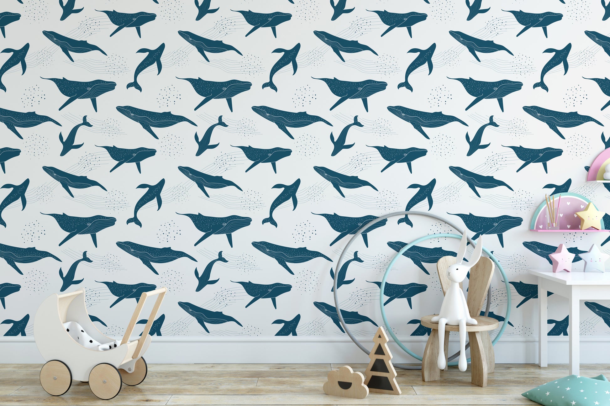 Marine-themed monochrome whale wallpaper mural
