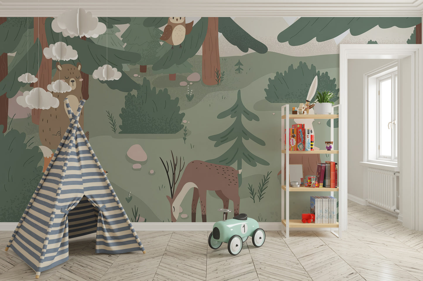 Whimsical wall mural featuring cute forest animals for kids
