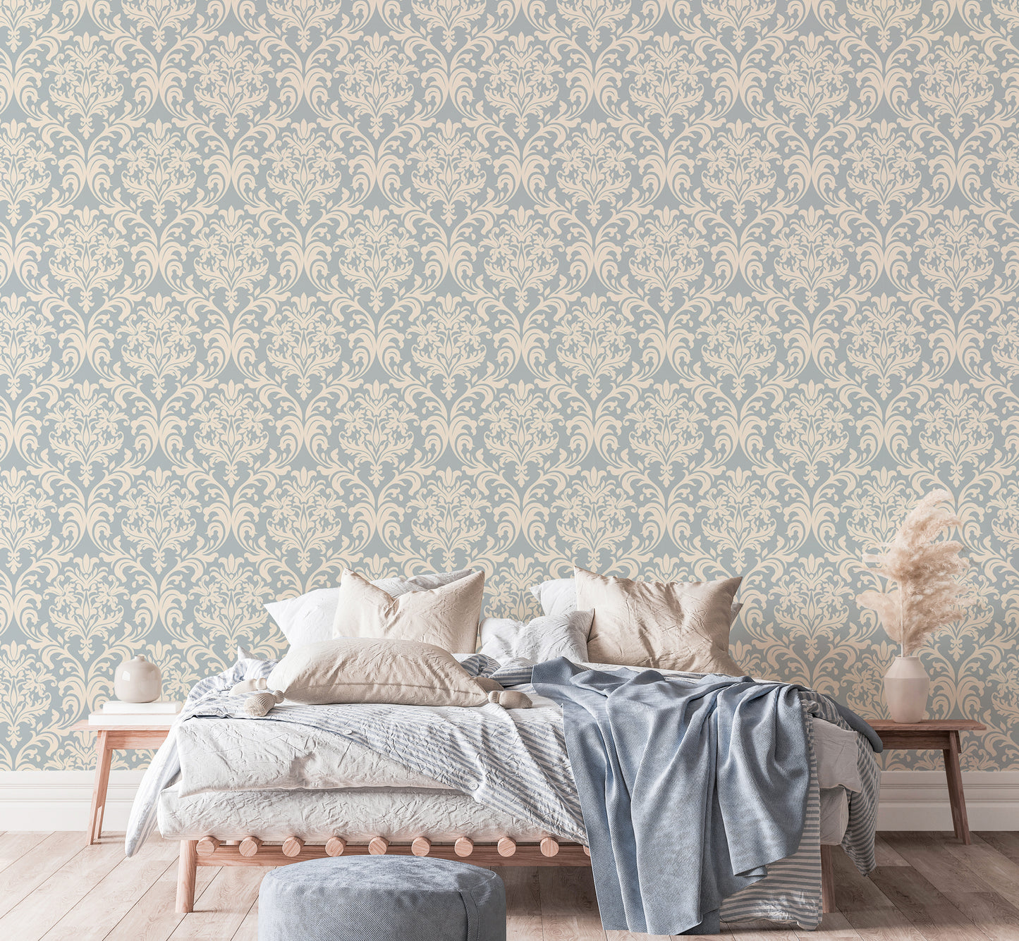 Blue and beige wallpaper showcasing Victorian elegance