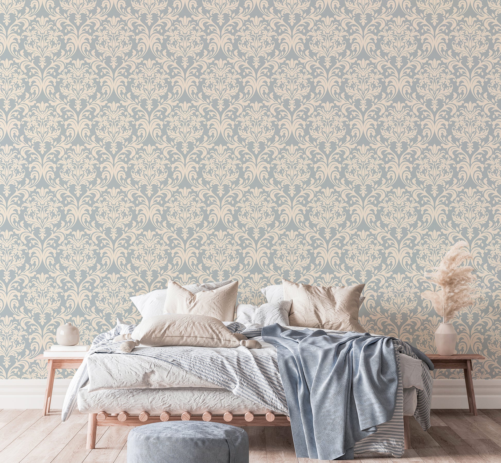 Blue and beige wallpaper showcasing Victorian elegance