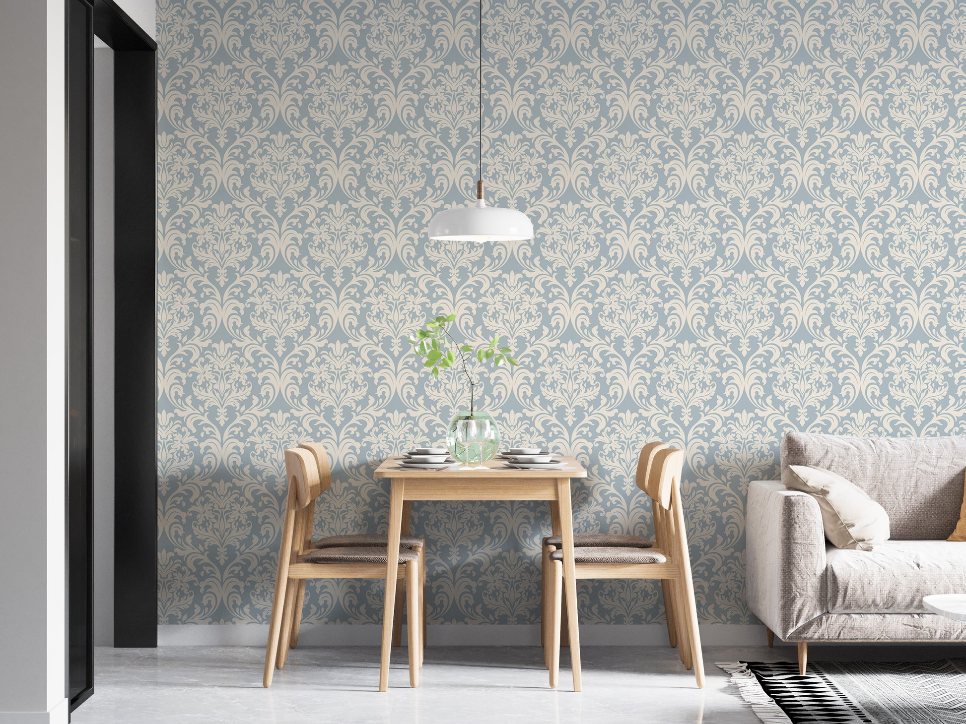 Classic wallpaper with blue and beige Victorian motifs