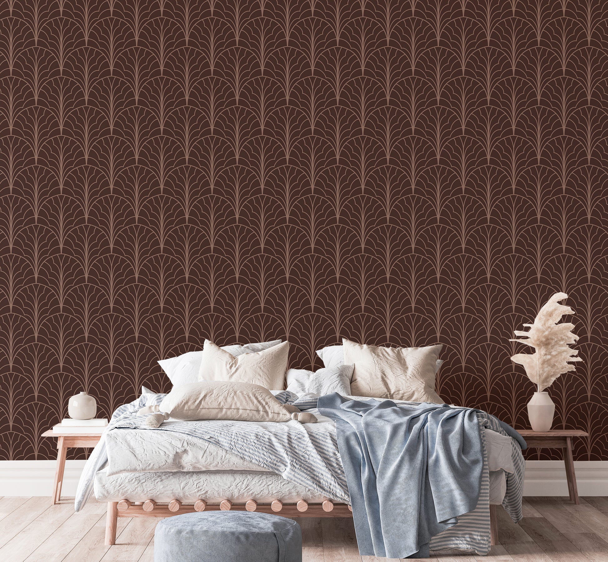 Chic art deco wallpaper in striking red wine hue