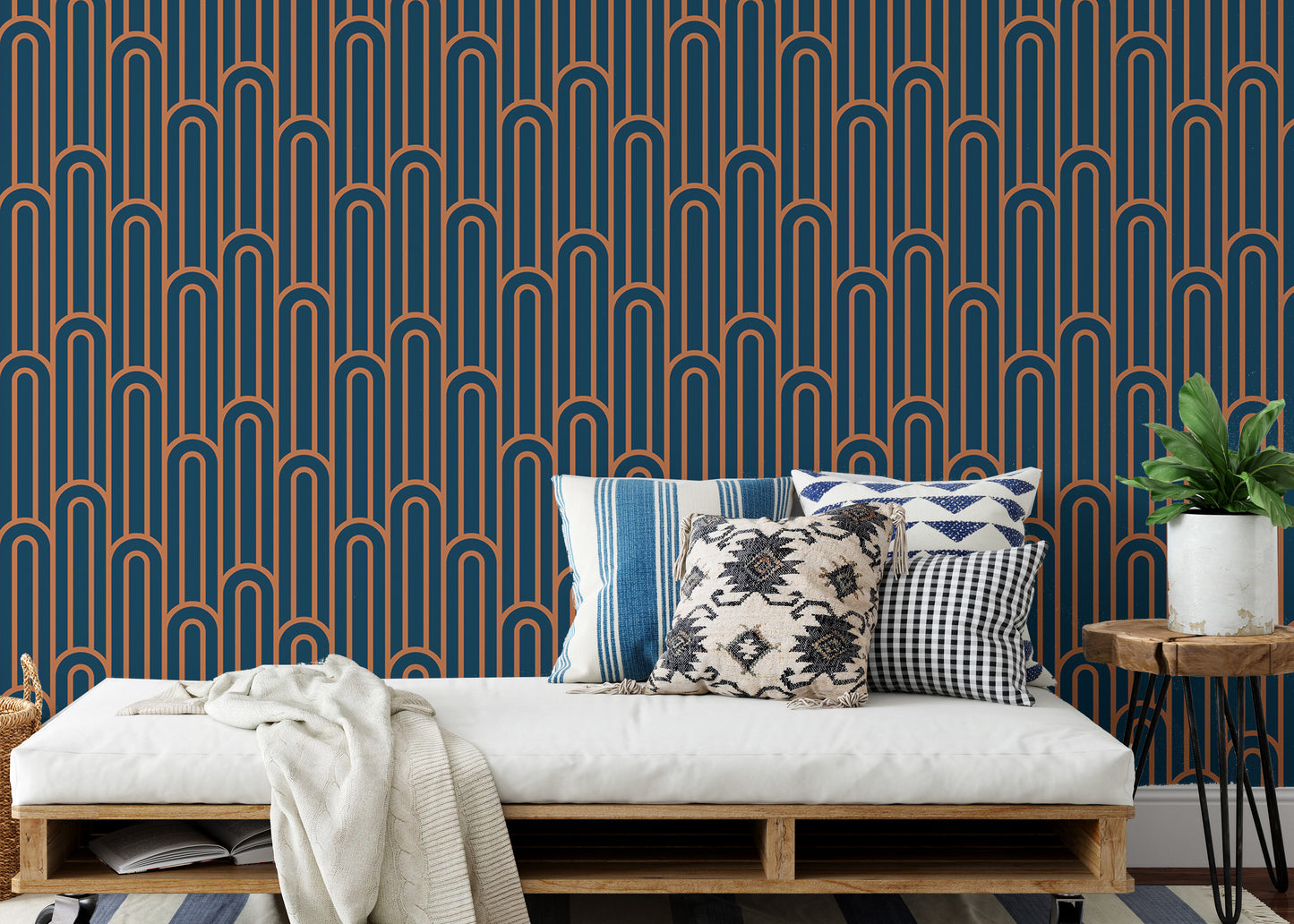 Art Deco wallpaper featuring orange arches.