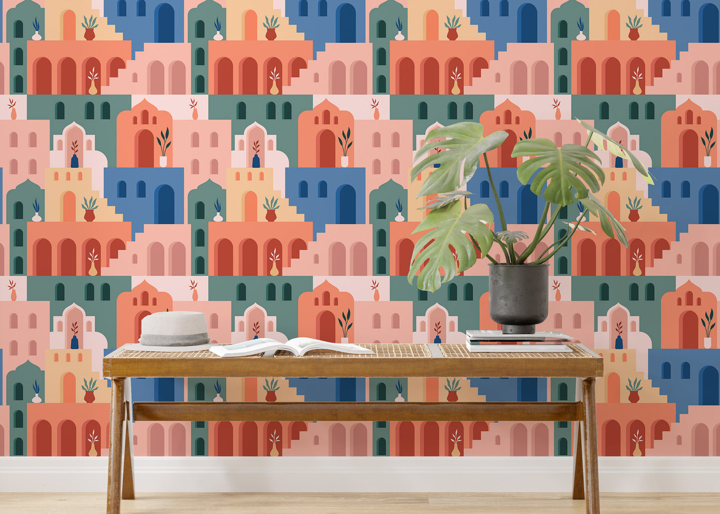 Vibrant Moroccan architecture in Bohemian wallpaper.