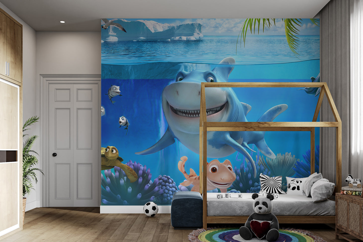 Kids room mural of sharks in underwater scene