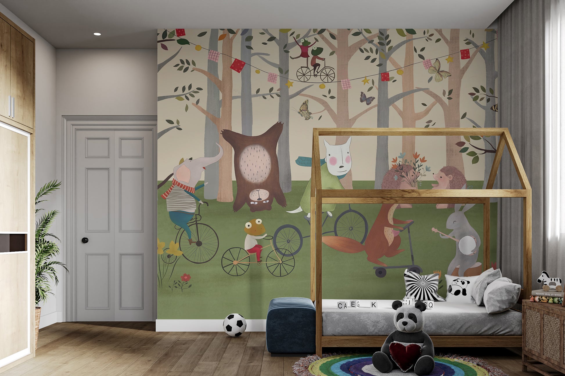 Cute animals playing in a colorful forest mural