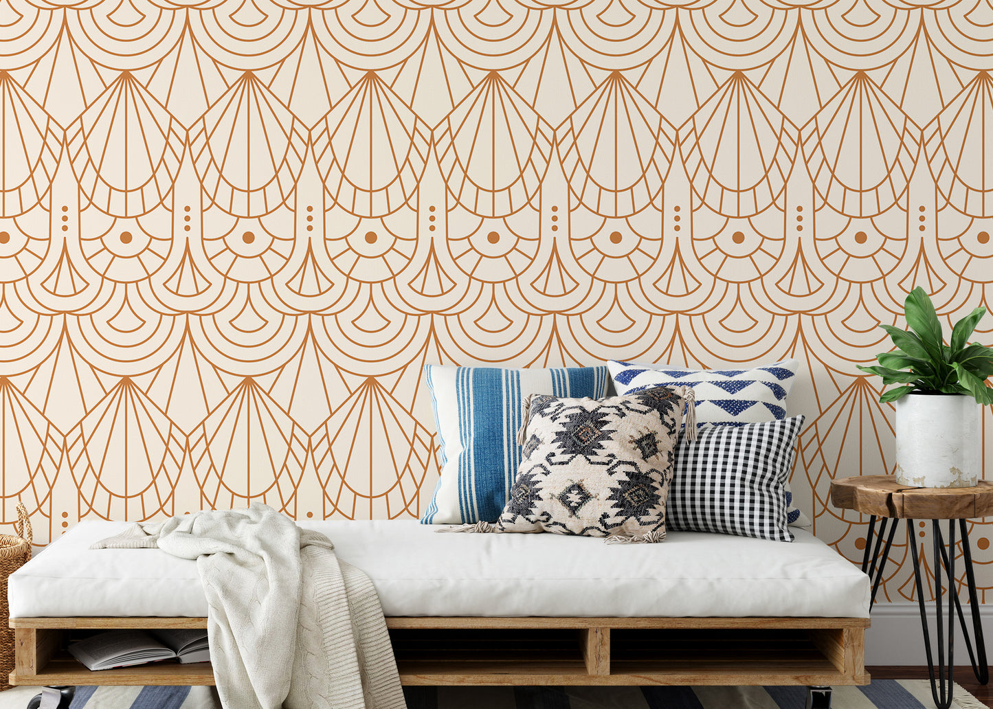 Beige and orange Art Deco repeating pattern.