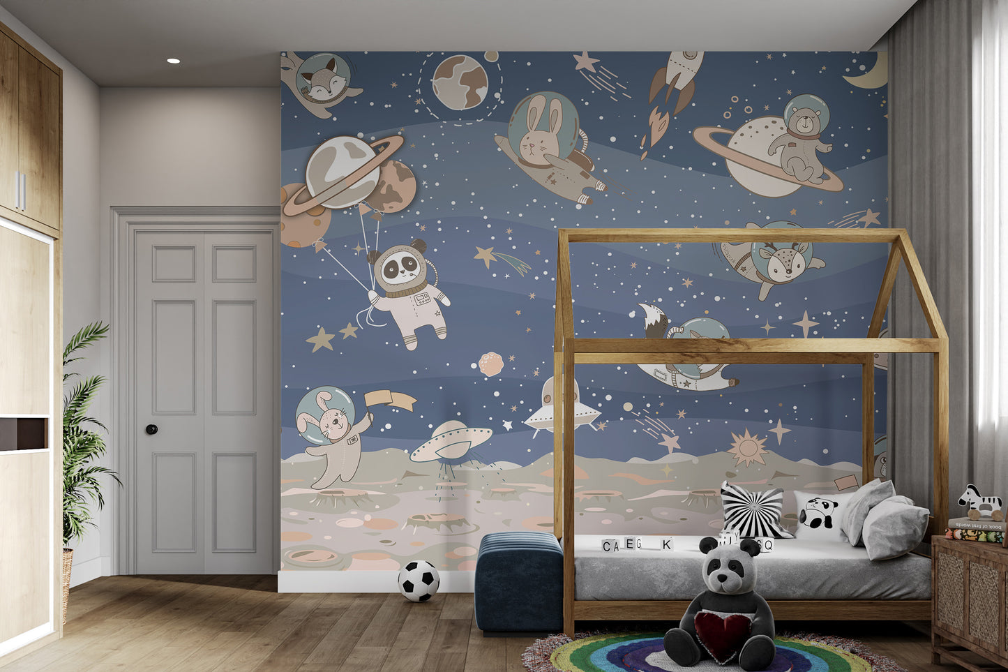 Animals in astronaut suits enjoying space mural