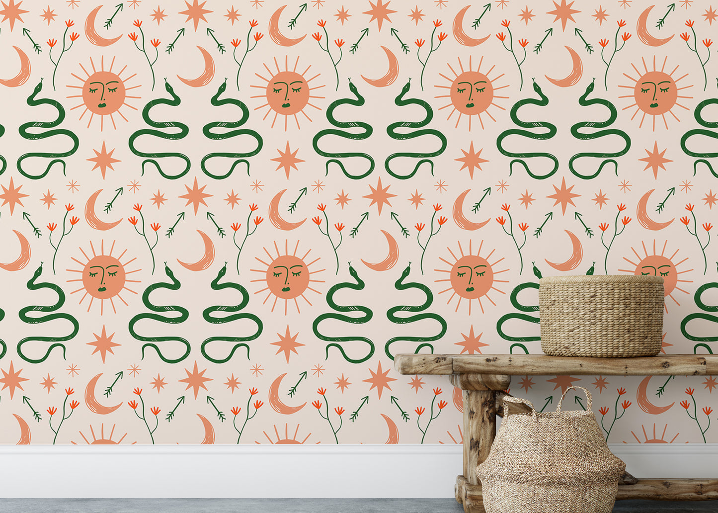 Artistic Boho wallpaper with moon, sun, and snakes.