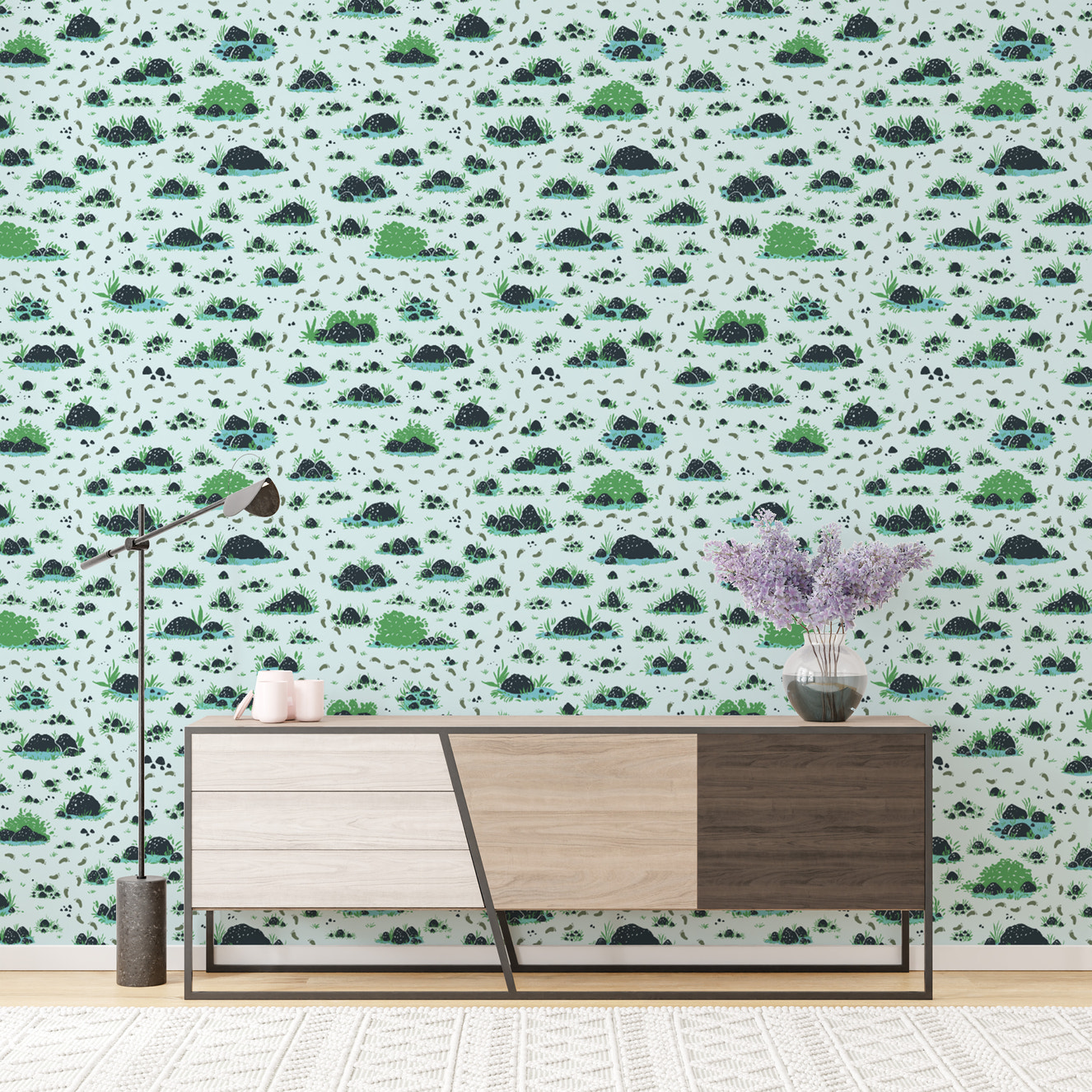 Whimsical wallpaper featuring bushes and footprints design
