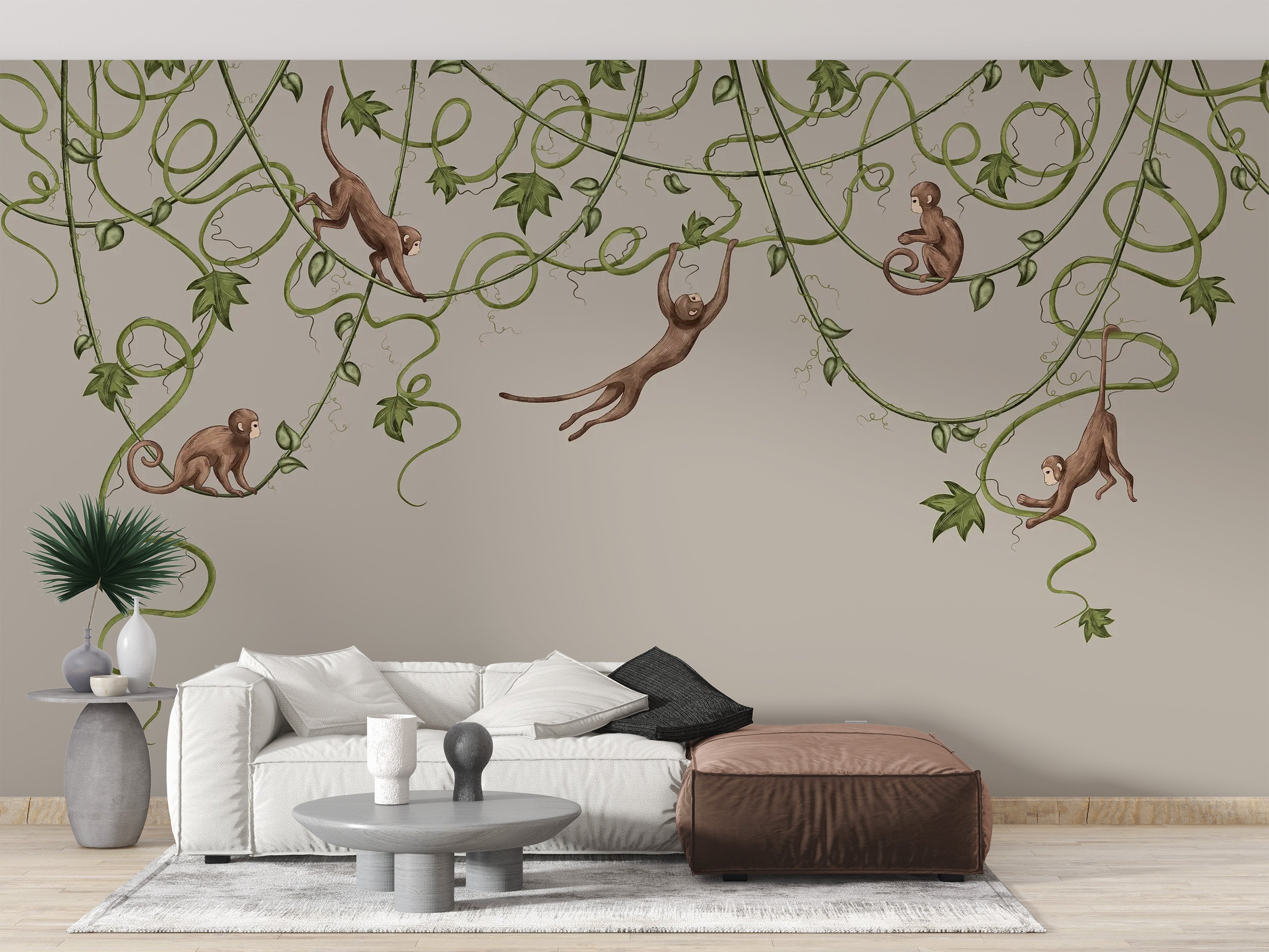 Cheerful monkeys playing in a nursery wallpaper design.
