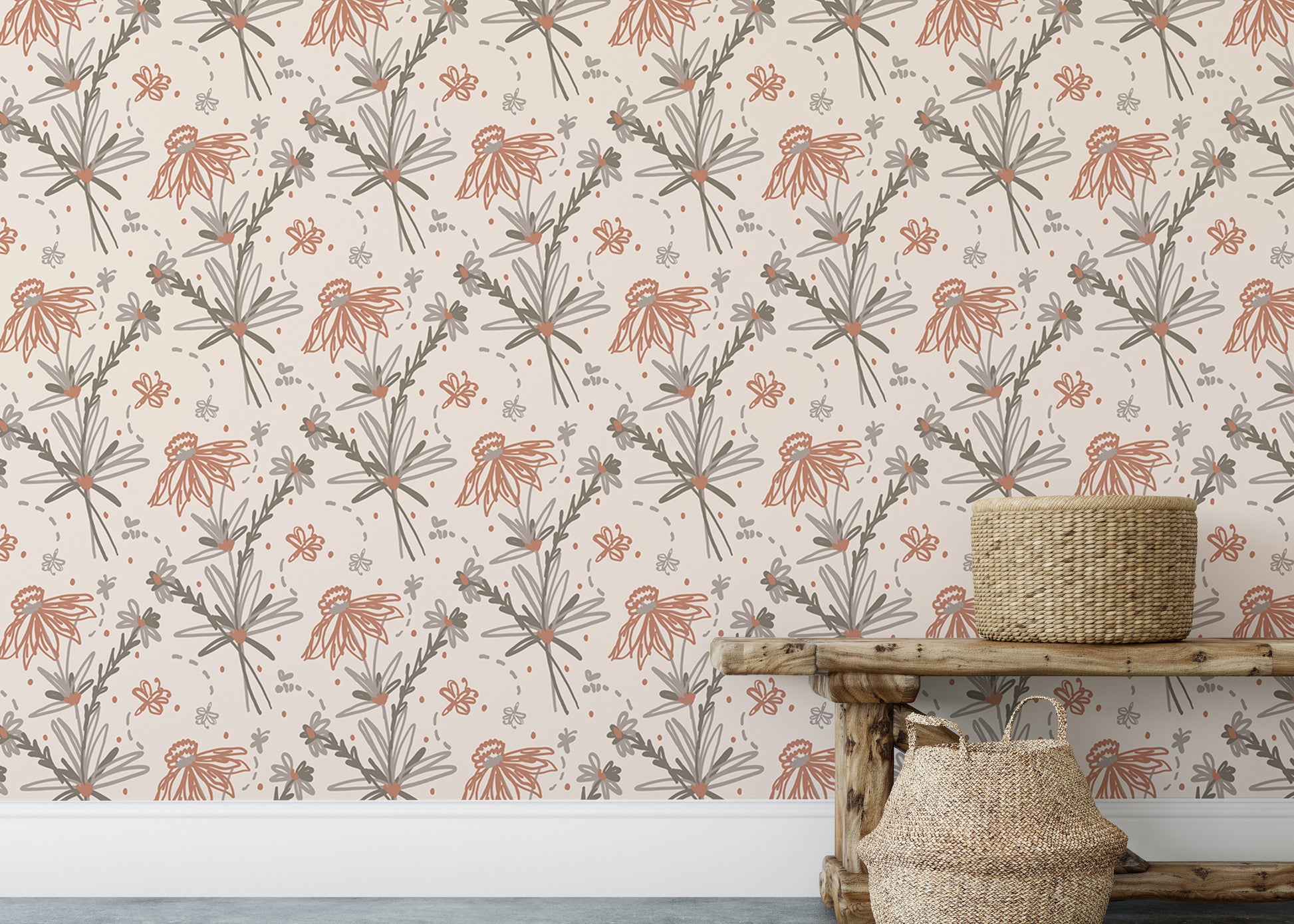 Chic earthy tone floral repeat wallpaper design.