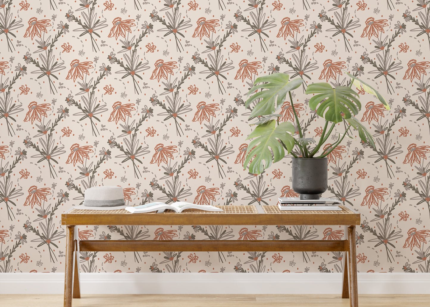 Earthy Tone Color Doodle Floral Repeat Pattern Boho Wallpaper