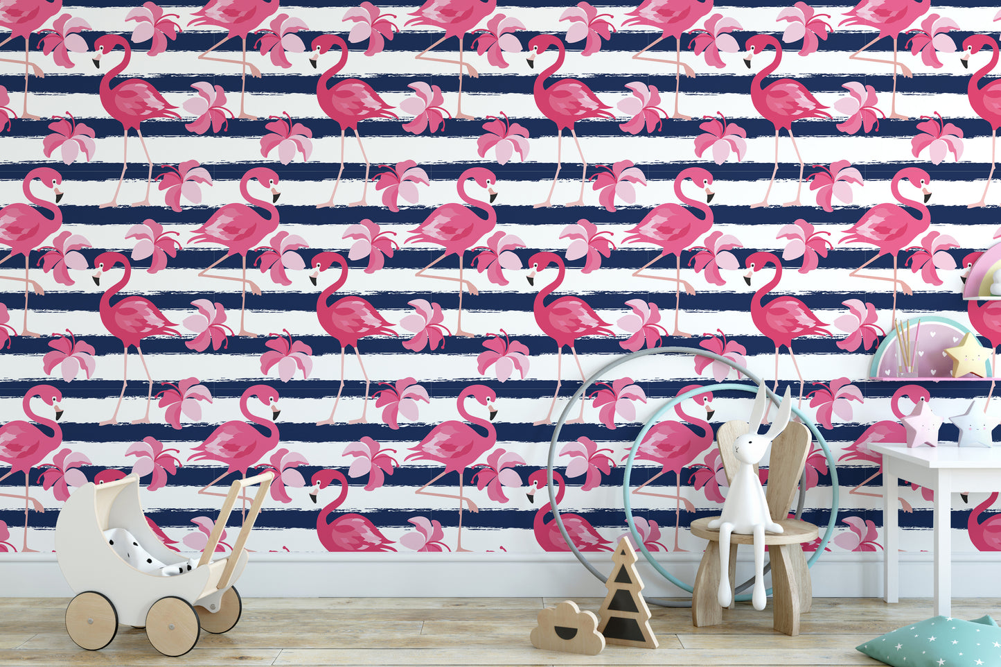 Flamingo Oasis in Blue Stripes Wallpaper