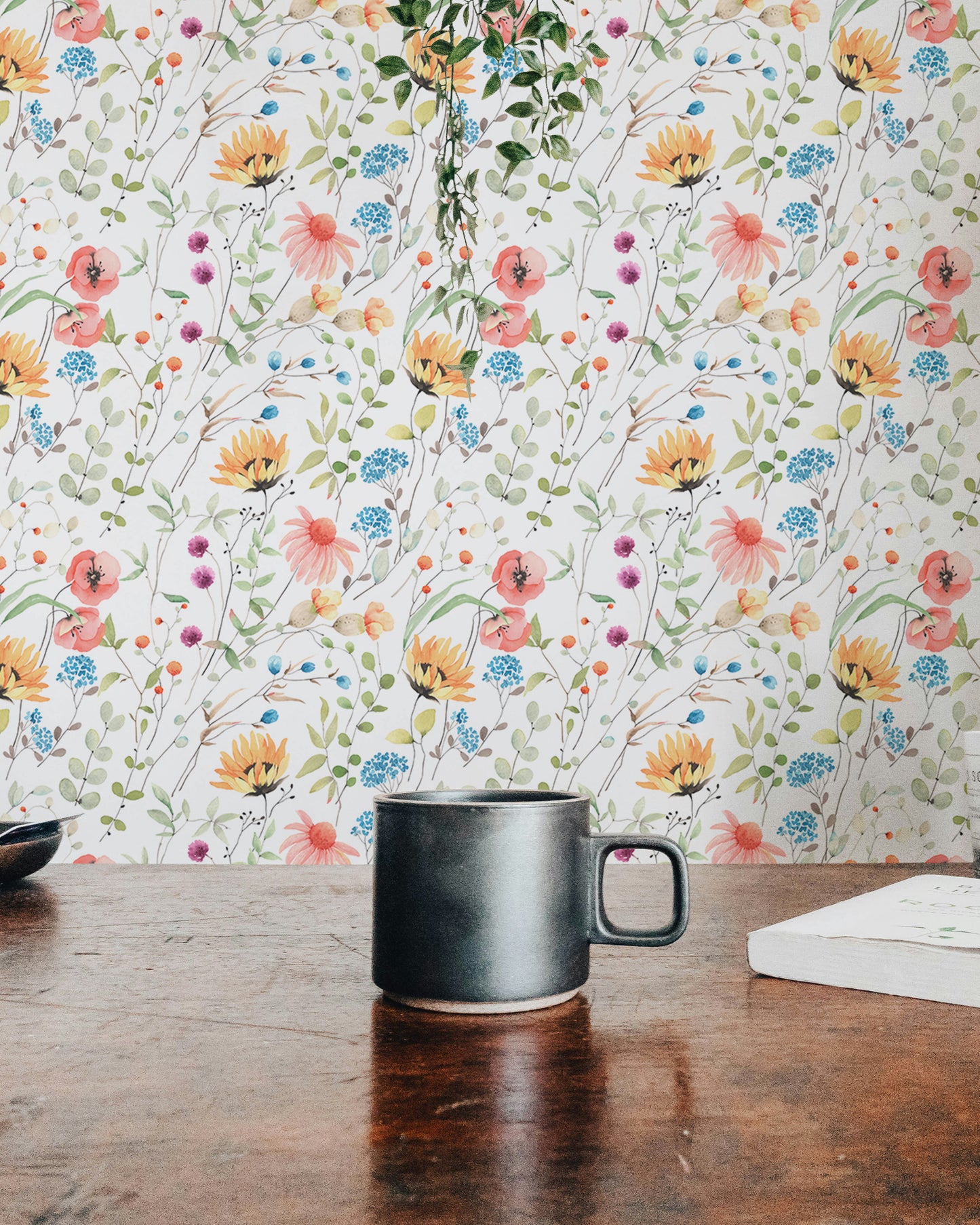 Colorful Flowers Abstract Green Plants White Wallpaper