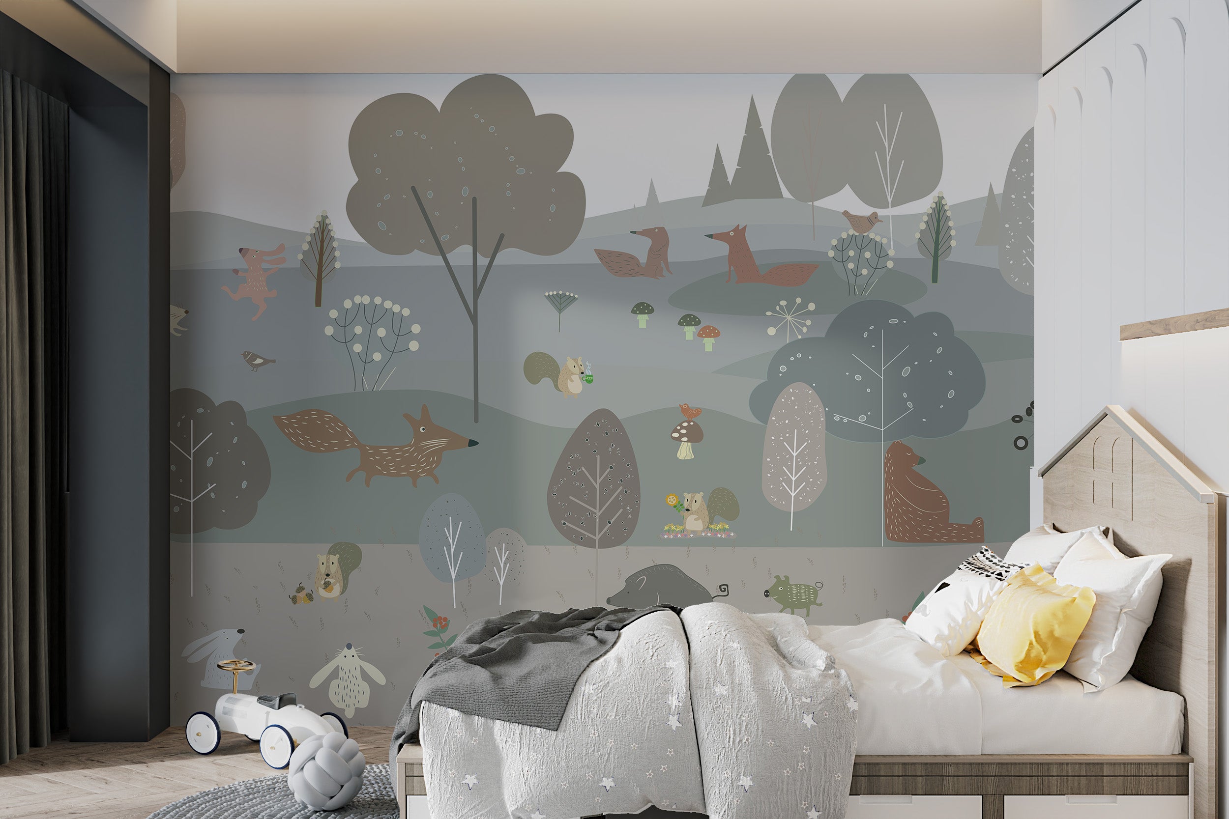 Forest animal wallpaper in clean Scandinavian design