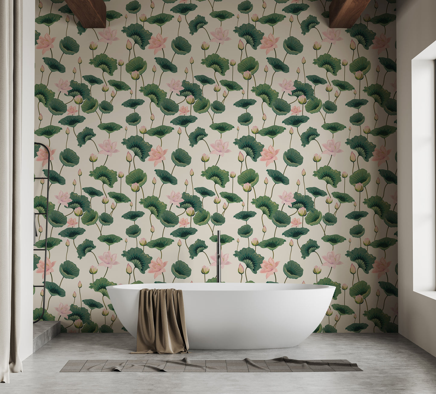 Lush botanical mural wallpaper with lotus



