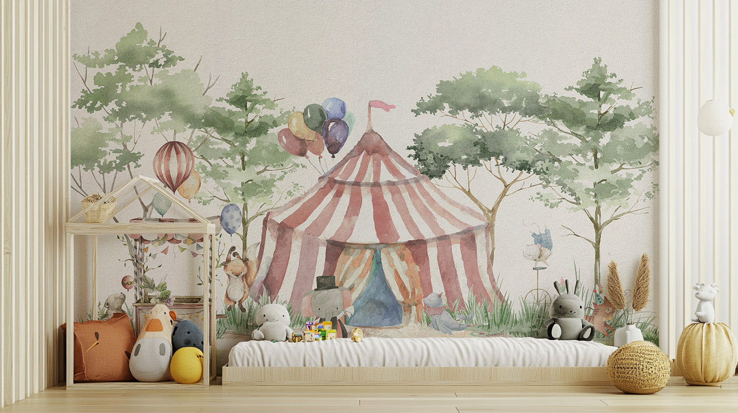 Temporary circus tent wallpaper for whimsical spaces