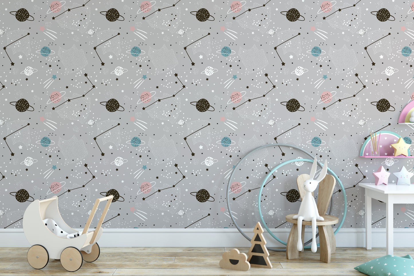 Space-themed wallpaper featuring planets and stars
